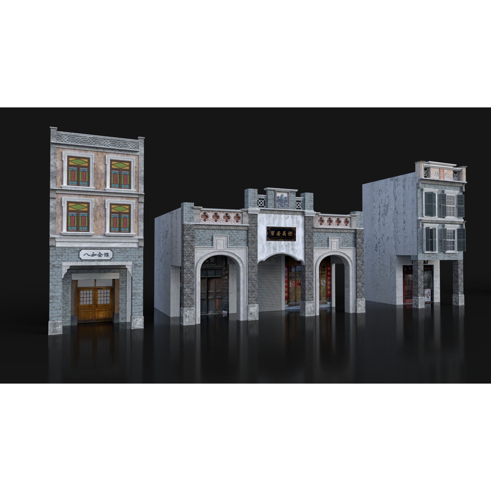 Chinese Arcade Streets Shophouse - Game-Ready 3D Model - View 14