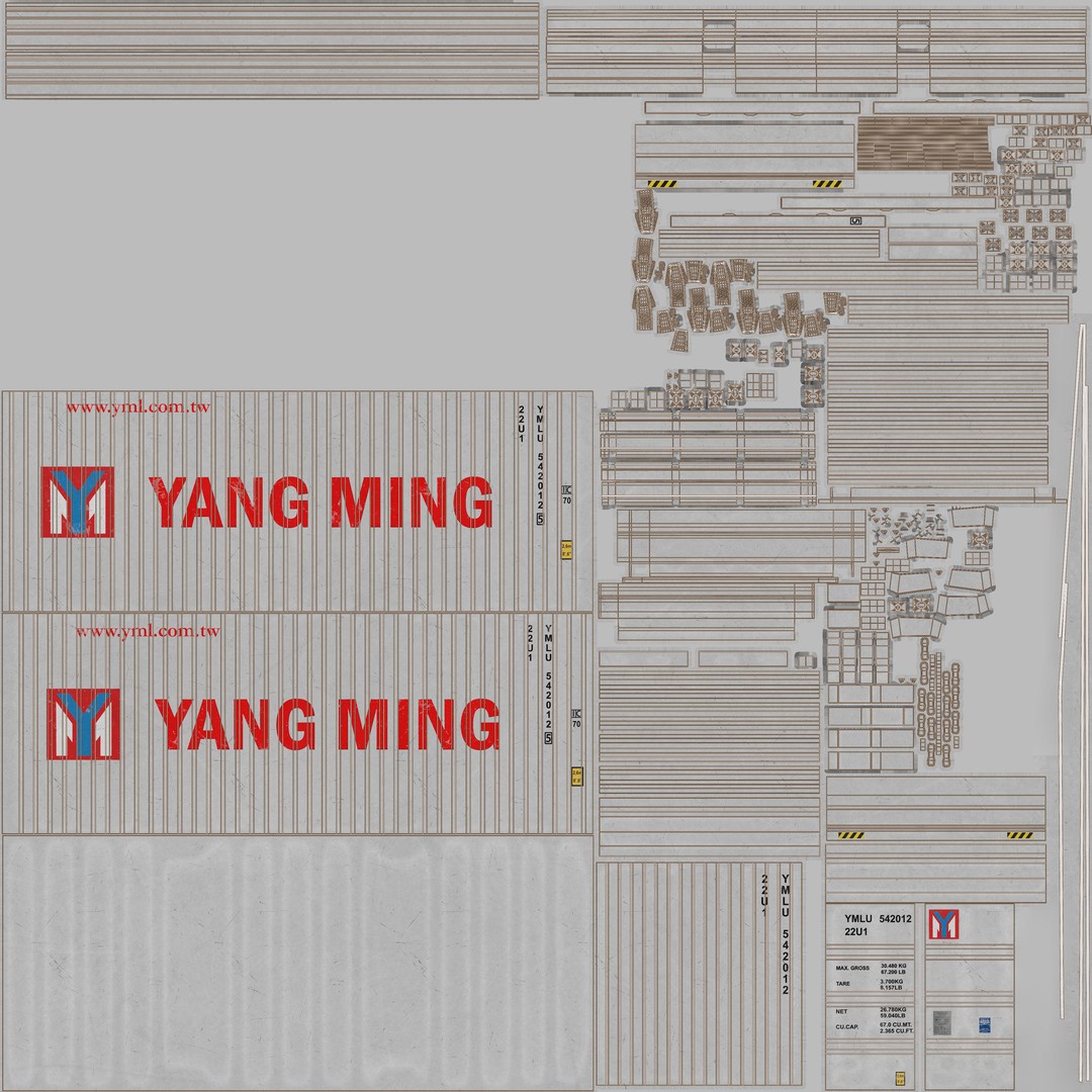 20ft Yang Ming Open Top Shipping Container 3D Model – PBR Game-Ready Asset, FBX - View 14