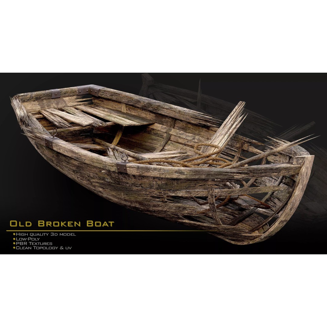 Old Broken Boat 3D Model – Low Poly Game Asset, FBX, PBR Textures - View 10