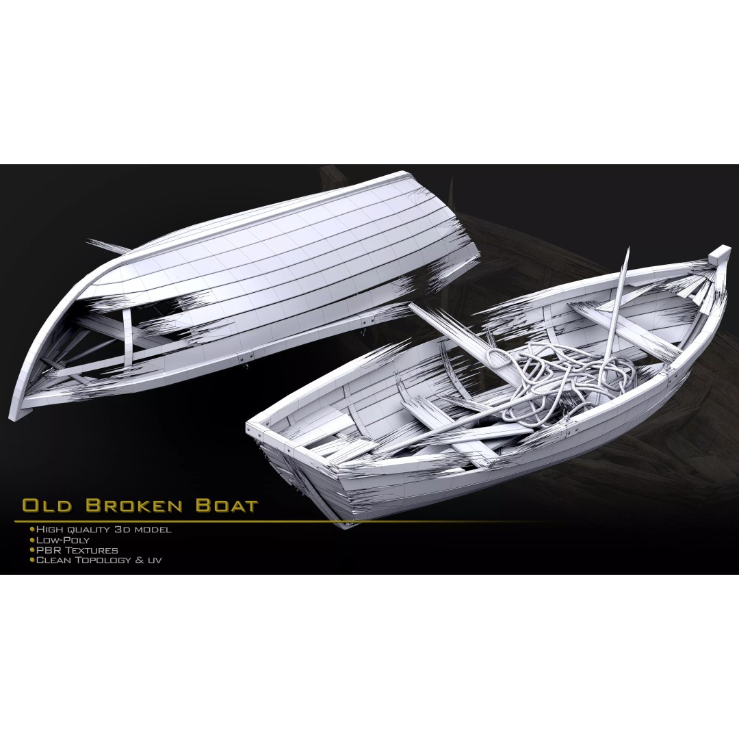 Old Broken Boat 3D Model – Low Poly Game Asset, FBX, PBR Textures - View 11