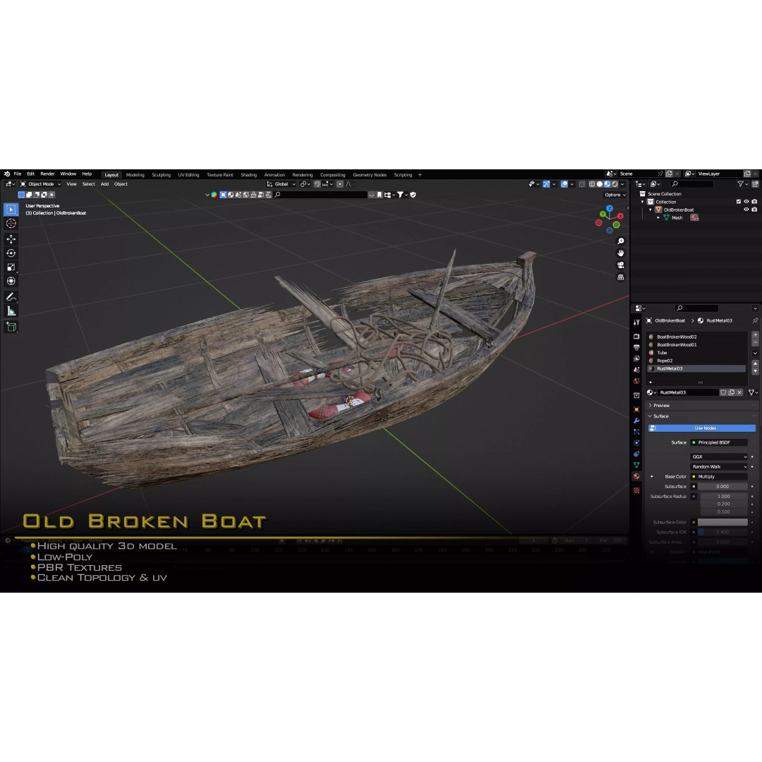 Old Broken Boat 3D Model – Low Poly Game Asset, FBX, PBR Textures - View 12