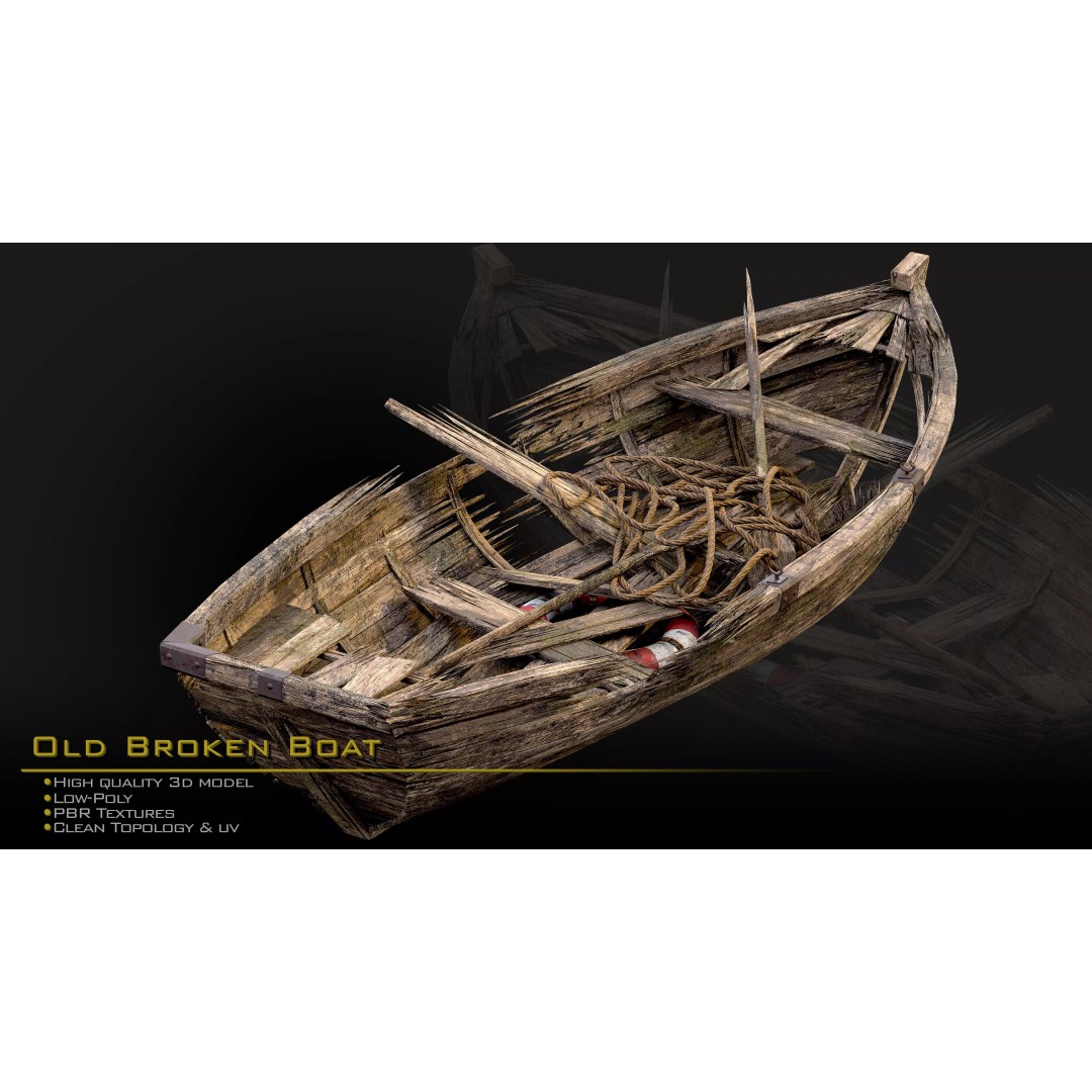 Old Broken Boat 3D Model – Low Poly Game Asset, FBX, PBR Textures - View 4