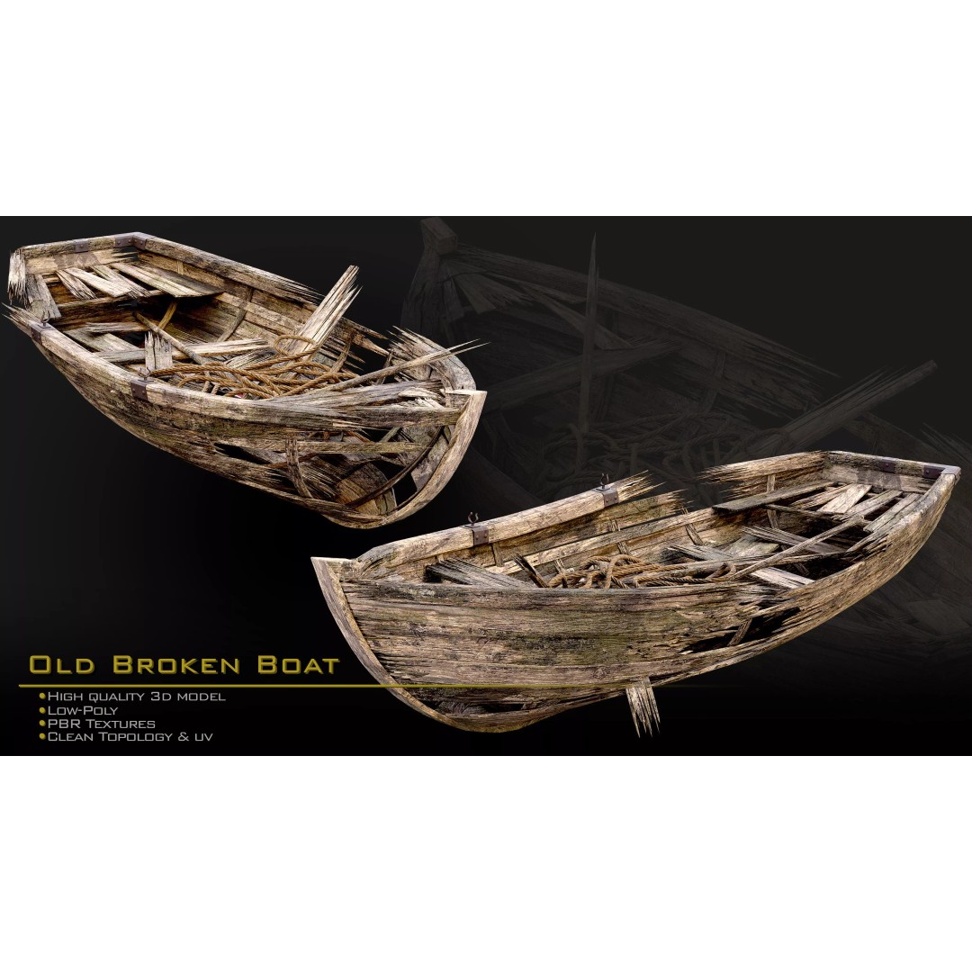 Old Broken Boat 3D Model – Low Poly Game Asset, FBX, PBR Textures - View 5