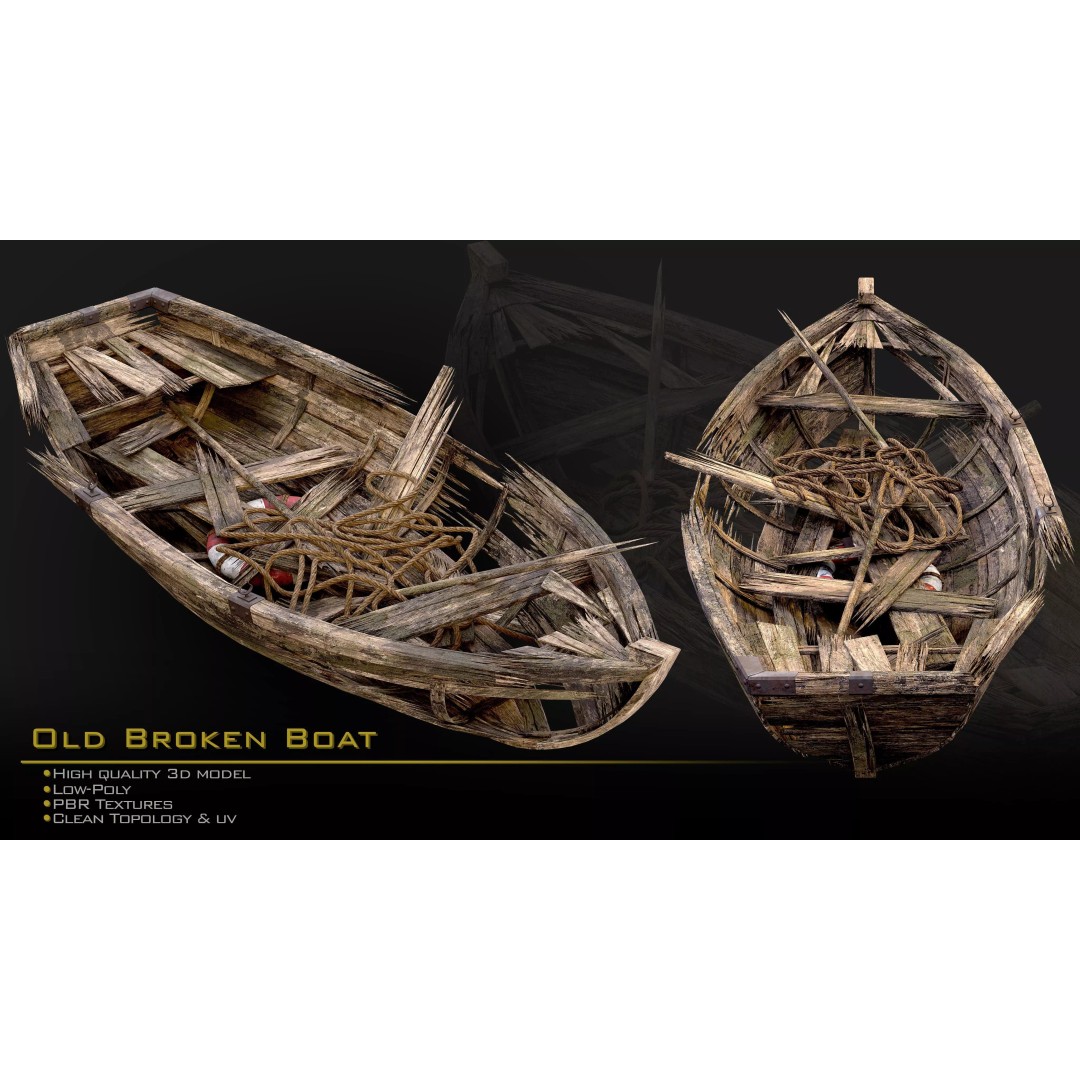 Old Broken Boat 3D Model – Low Poly Game Asset, FBX, PBR Textures - View 6