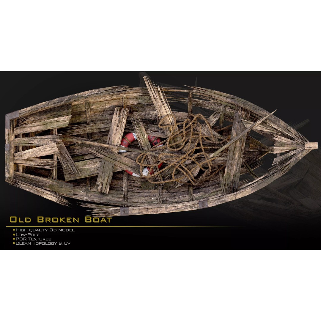 Old Broken Boat 3D Model – Low Poly Game Asset, FBX, PBR Textures - View 7