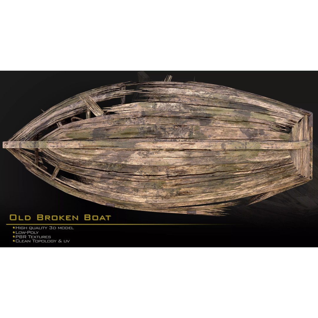 Old Broken Boat 3D Model – Low Poly Game Asset, FBX, PBR Textures - View 8