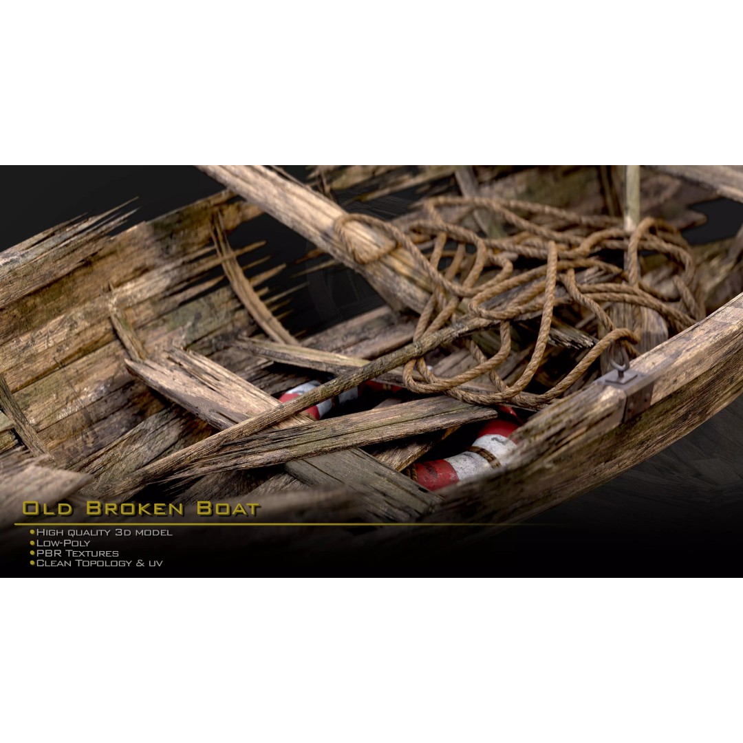 Old Broken Boat 3D Model – Low Poly Game Asset, FBX, PBR Textures - View 9