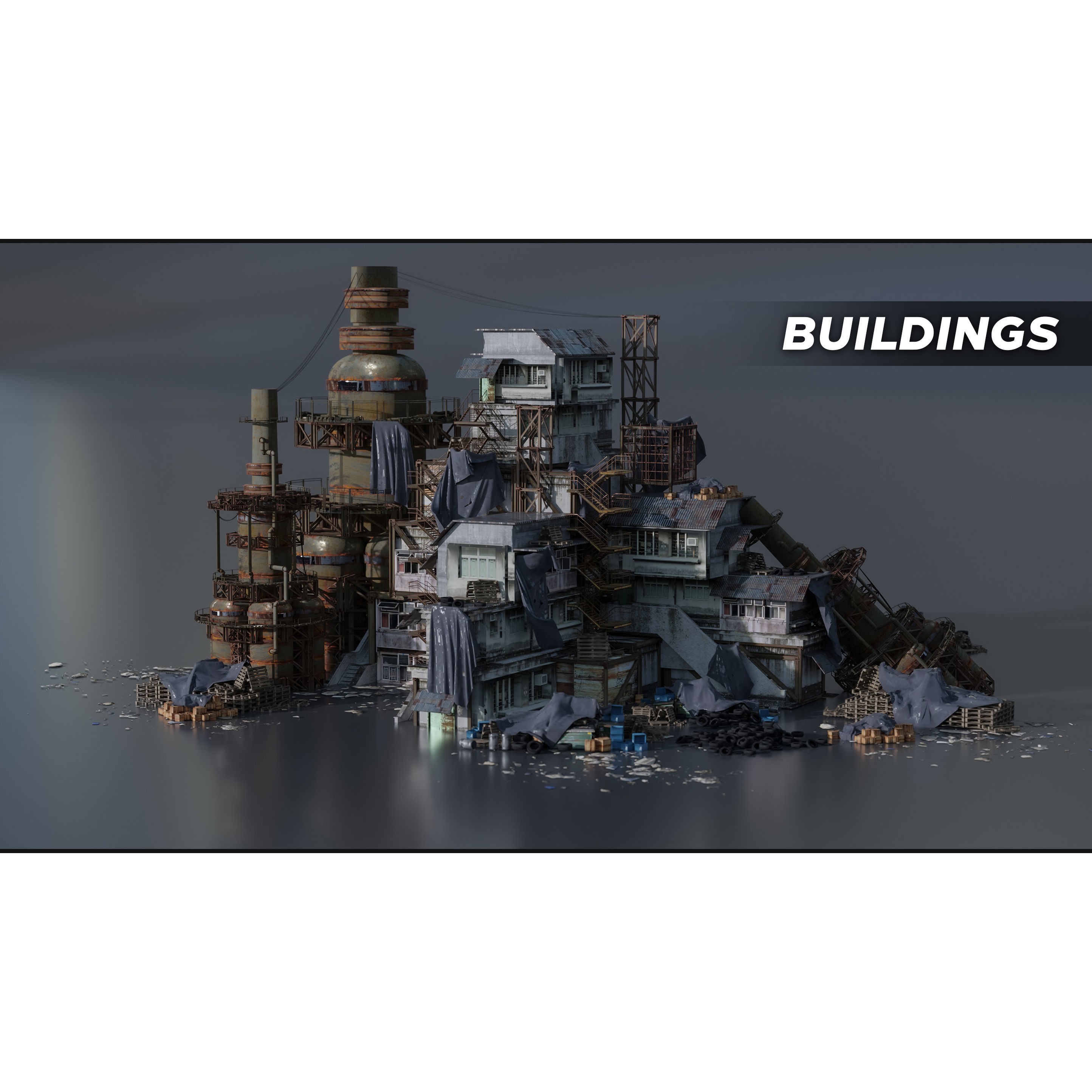 Industrial Dystopian City Kitbash Set - Low-Poly 3D Model - View 6