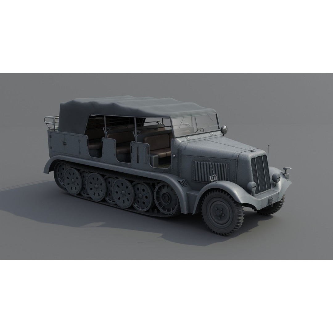 SdKfz 7 Half-Tracked Artillery Tractor 3D Model – Low Poly PBR Vehicle, FBX - View 4