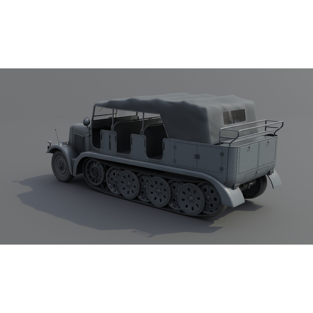 SdKfz 7 Half-Tracked Artillery Tractor 3D Model – Low Poly PBR Vehicle, FBX - View 6