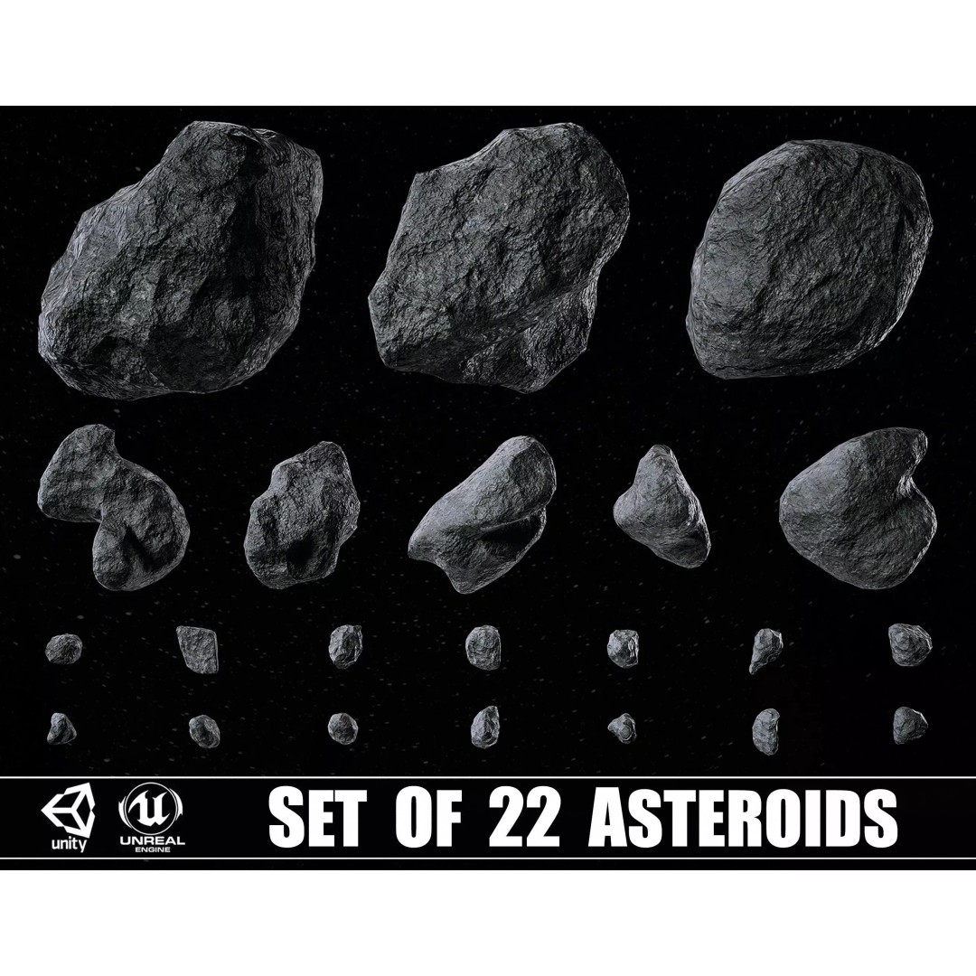 Asteroids 3D Model – Low Poly Game Asset, FBX, OBJ, PBR Textures - View 2