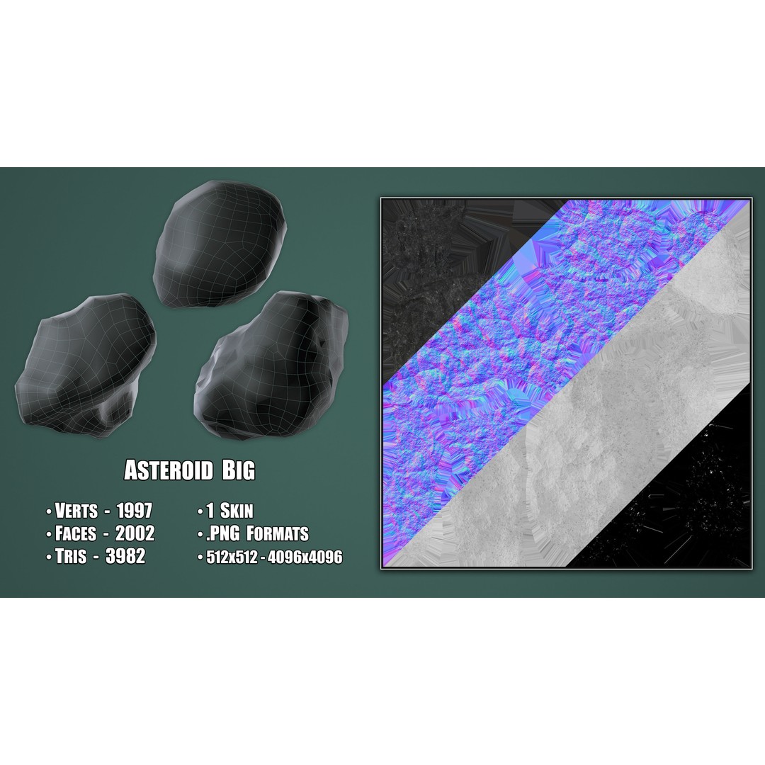 Asteroids 3D Model – Low Poly Game Asset, FBX, OBJ, PBR Textures - View 4