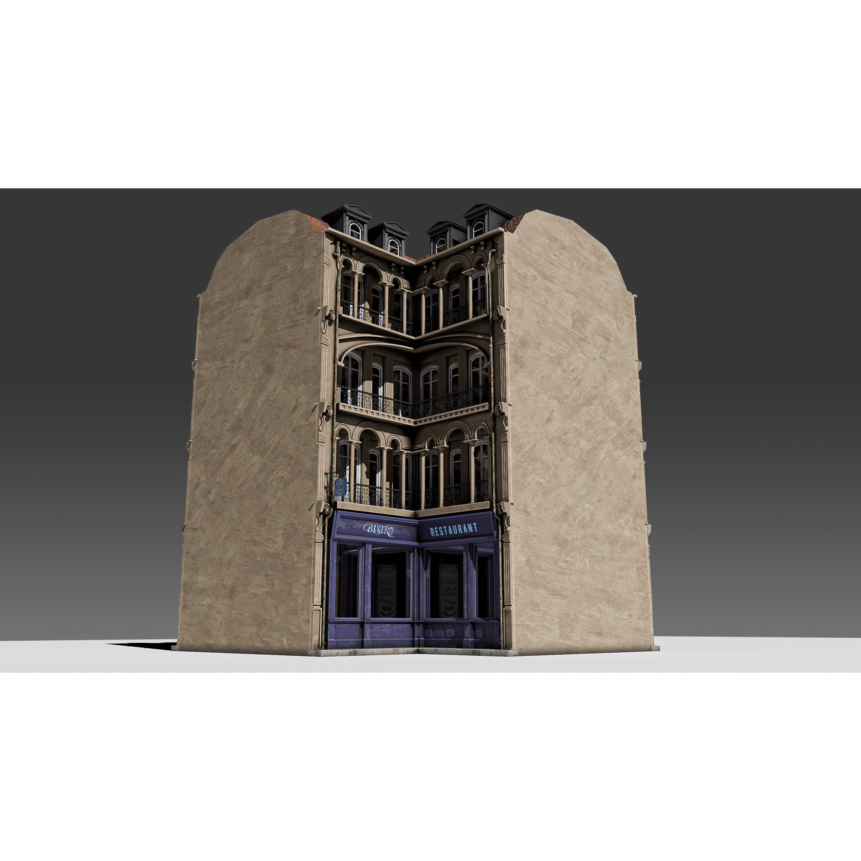 Modular European Storefront Apartment Building - Game-Ready 3D Model - View 13