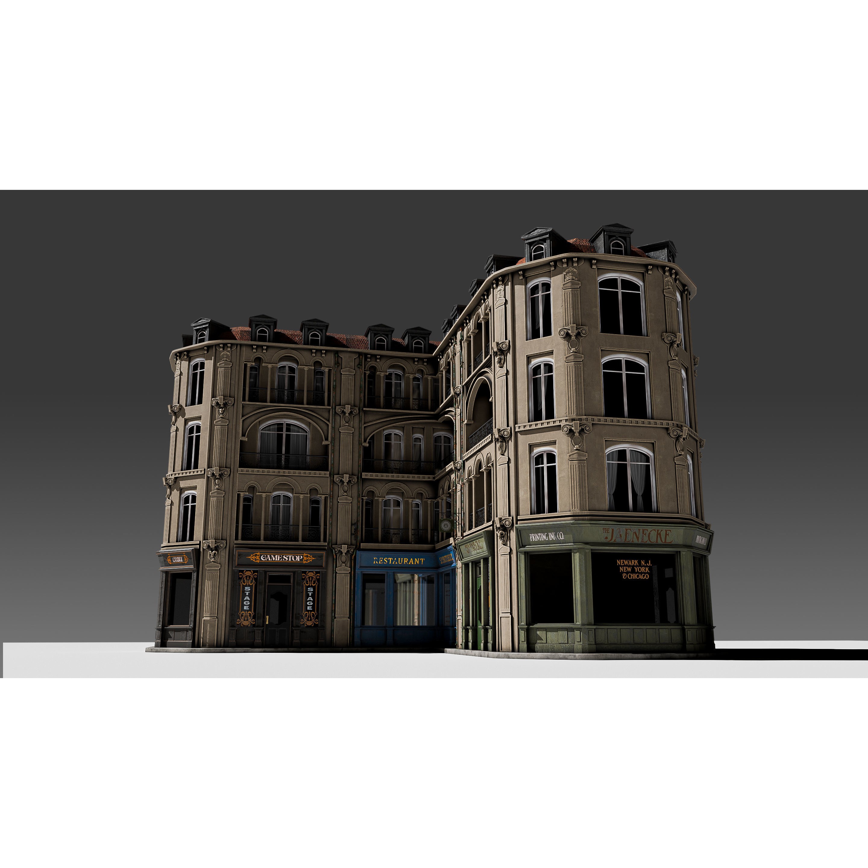 Modular European Storefront Apartment Building - Game-Ready 3D Model - View 14