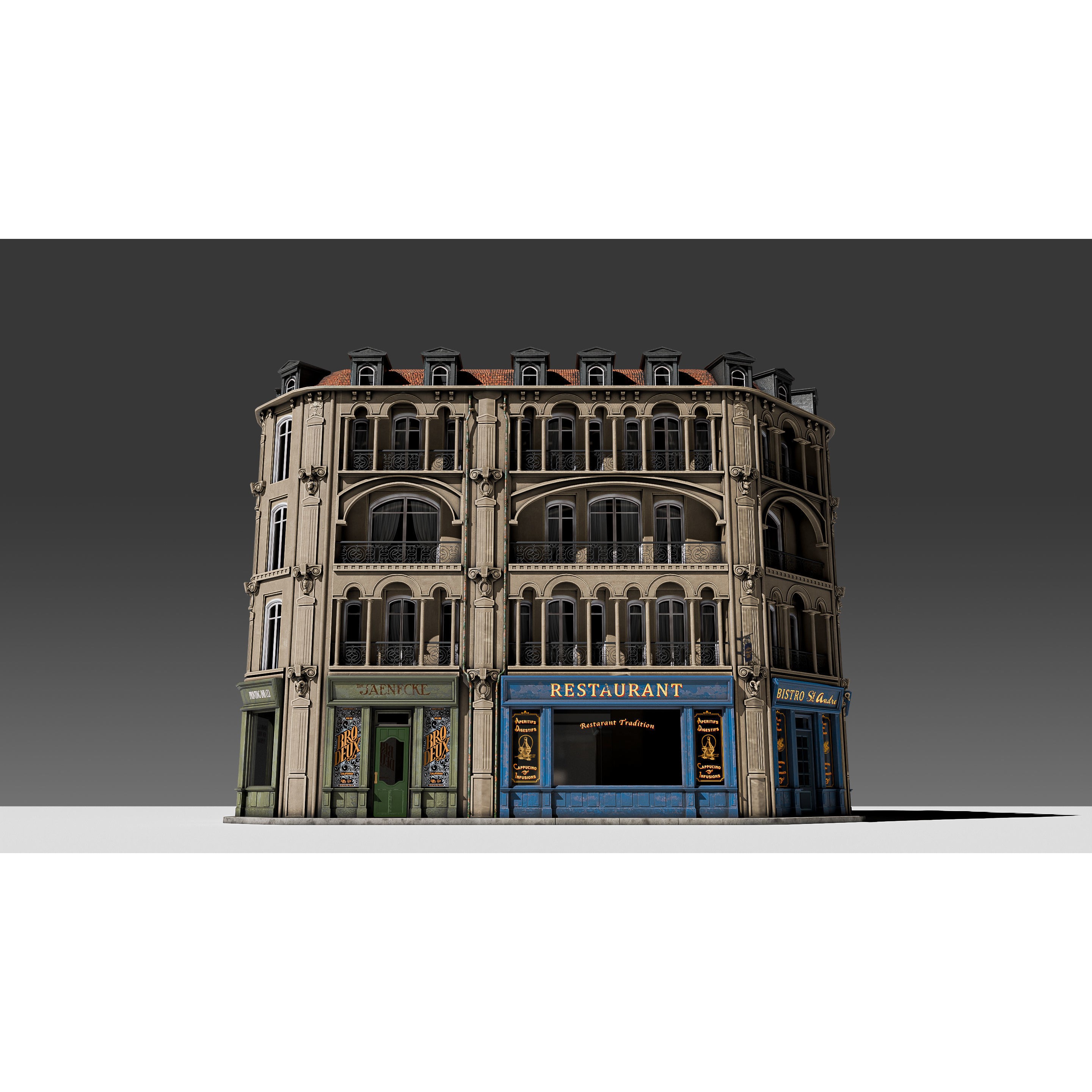Modular European Storefront Apartment Building - Game-Ready 3D Model - View 15