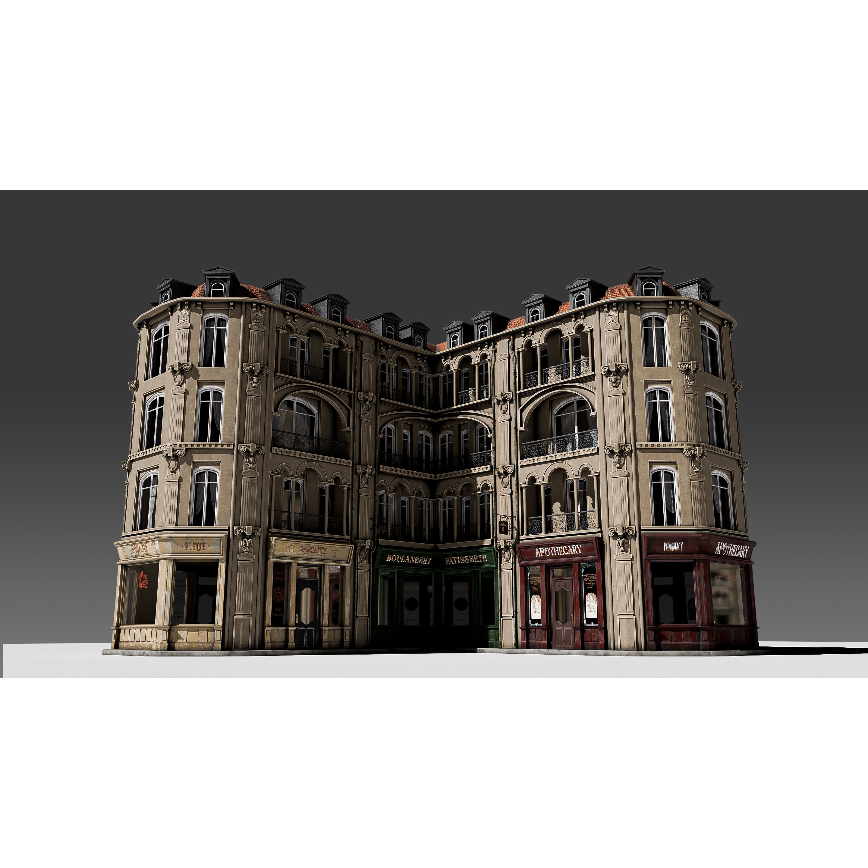 Modular European Storefront Apartment Building - Game-Ready 3D Model - View 17