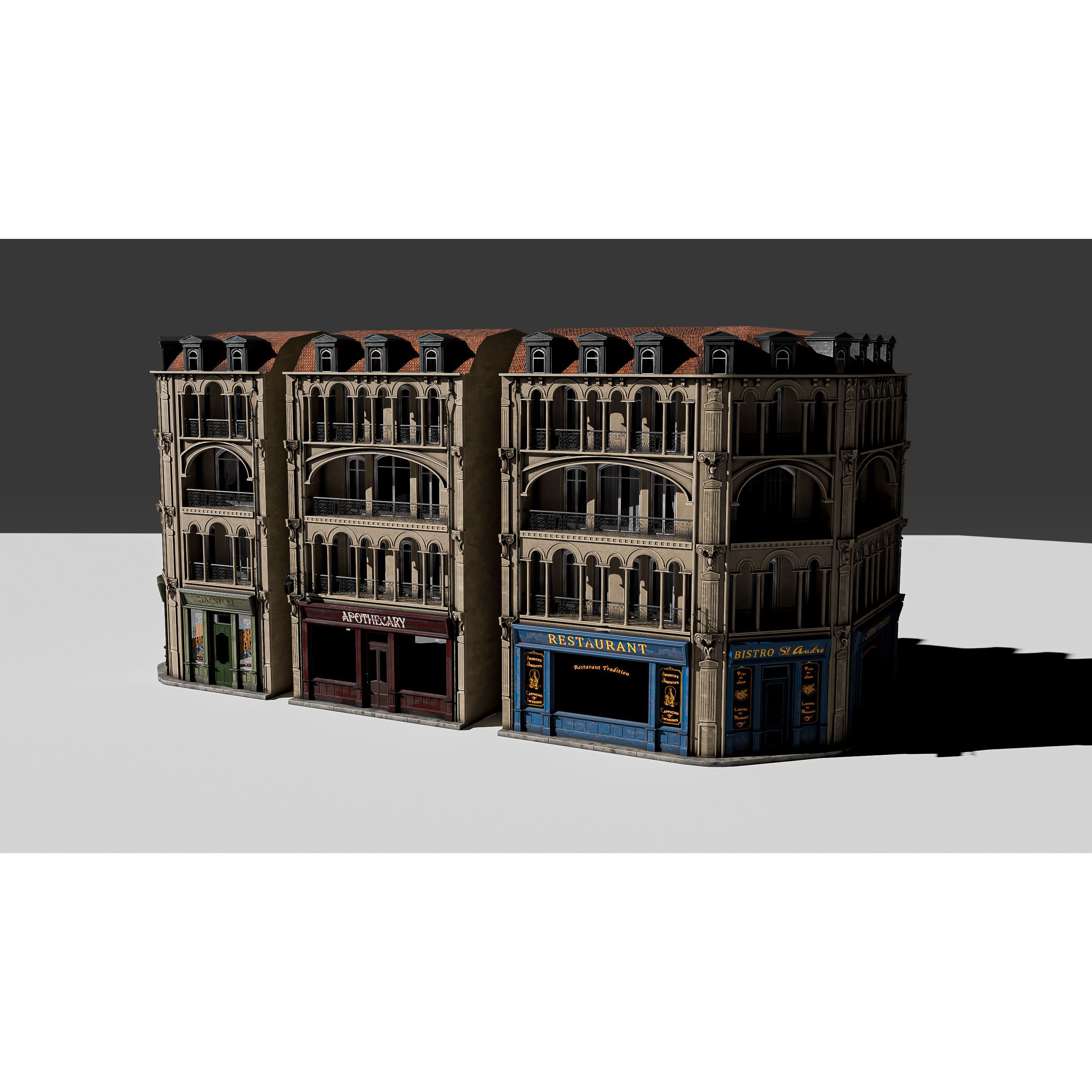 Modular European Storefront Apartment Building - Game-Ready 3D Model - View 19