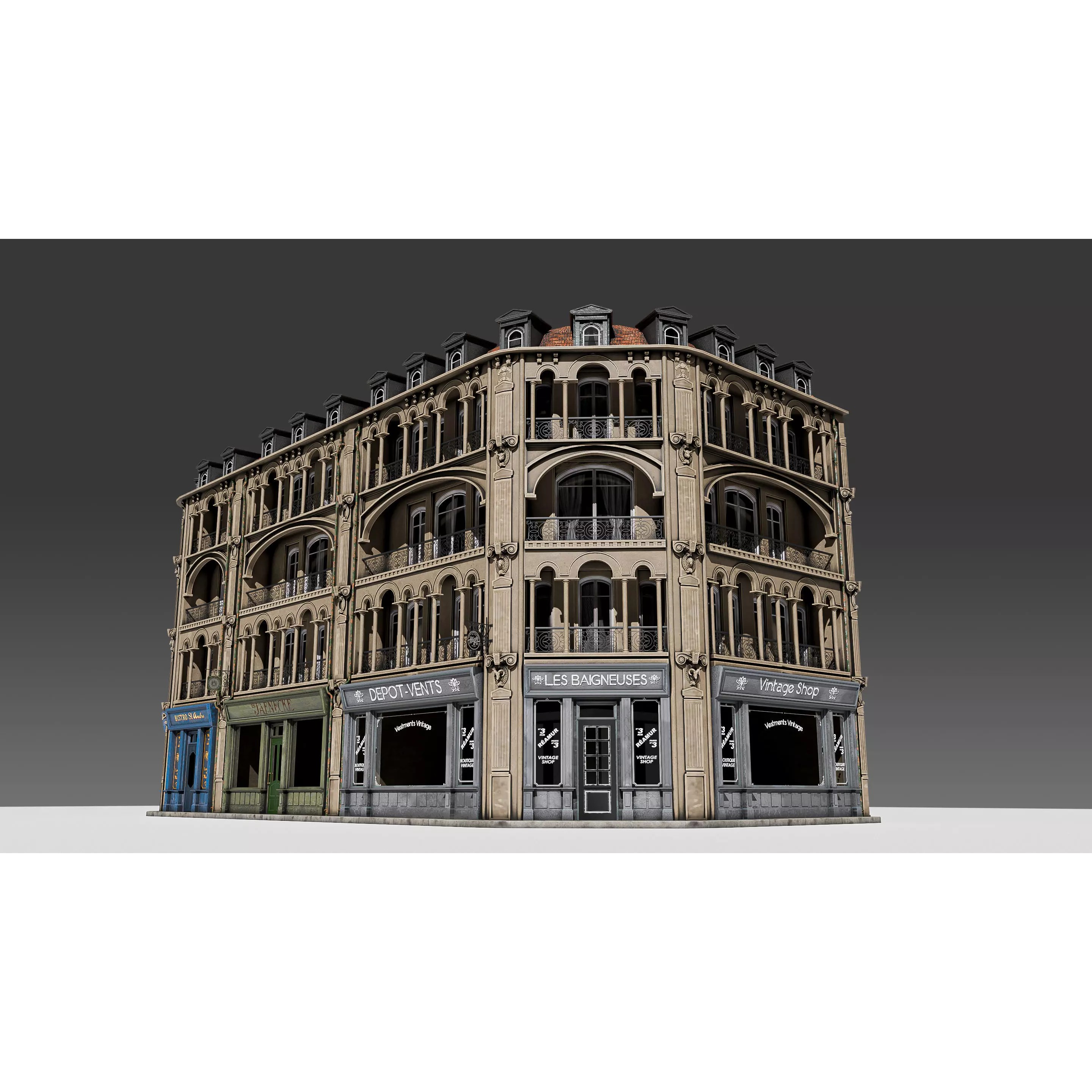 Modular European Storefront Apartment Building - Game-Ready 3D Model - View 2