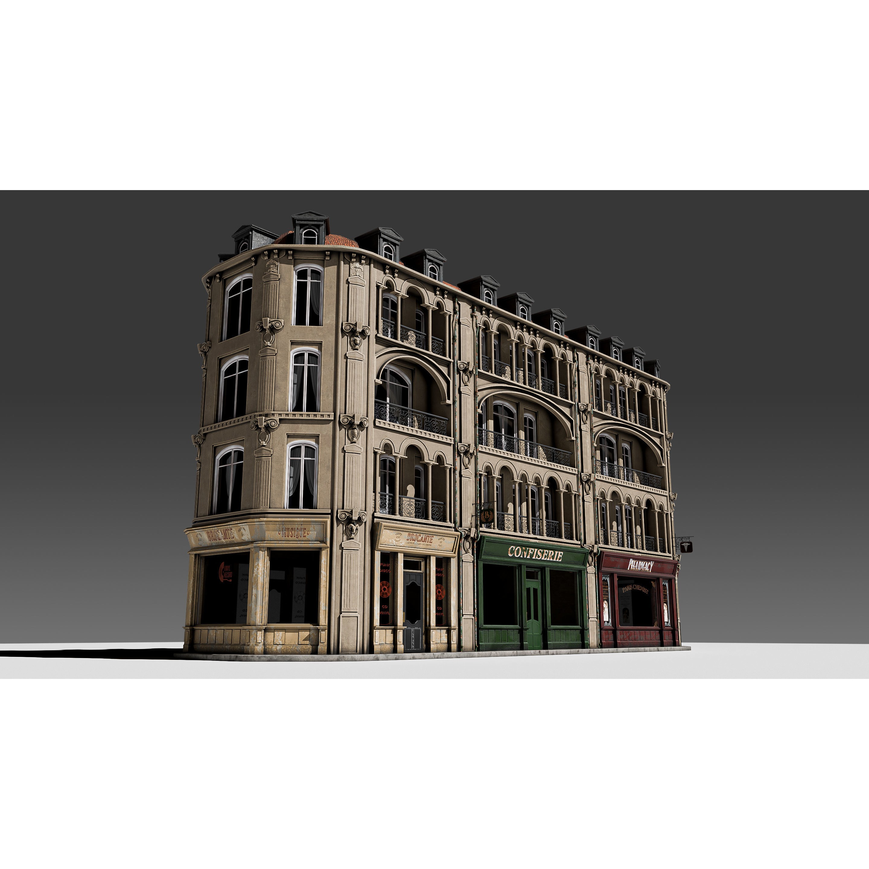 Modular European Storefront Apartment Building - Game-Ready 3D Model - View 3