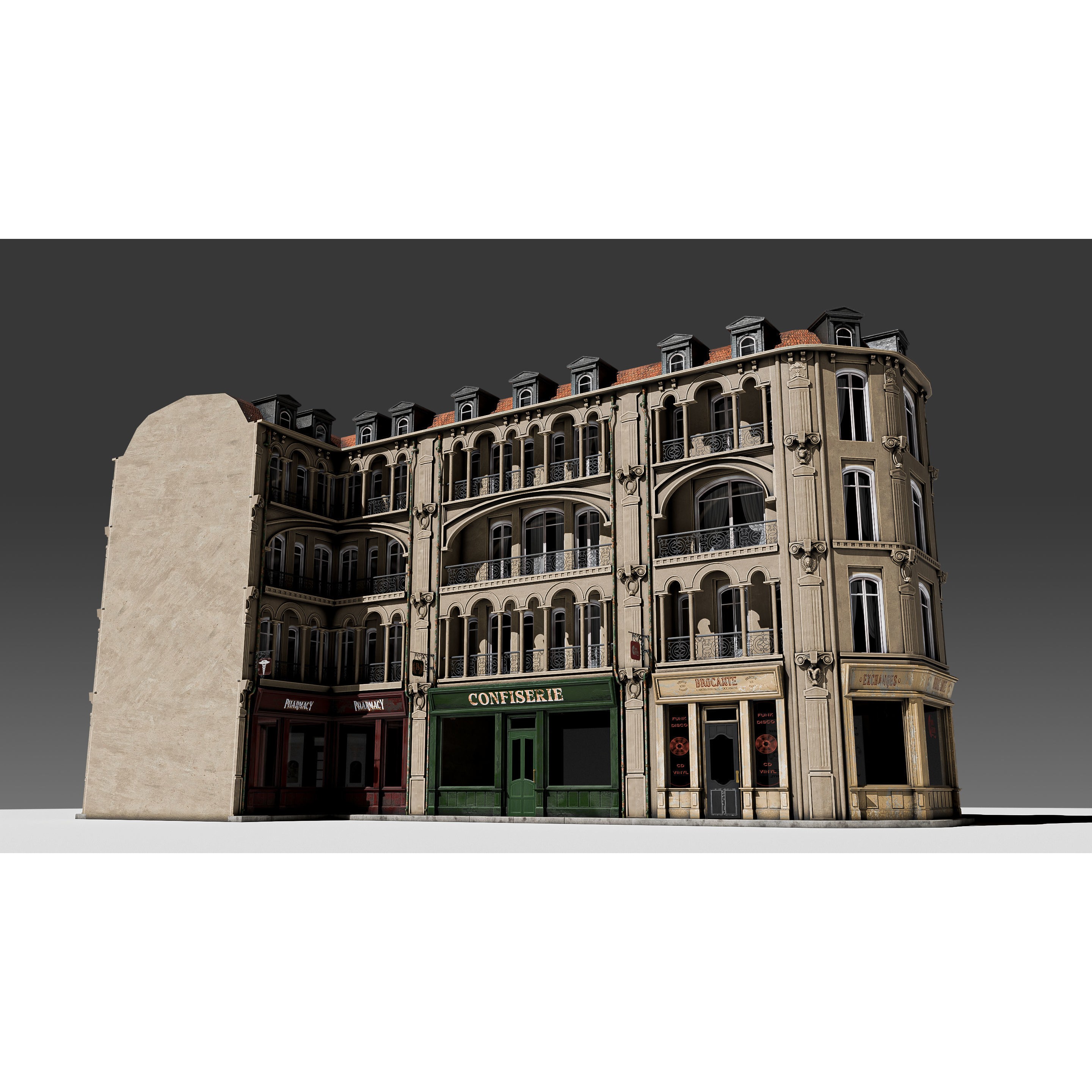 Modular European Storefront Apartment Building - Game-Ready 3D Model - View 4