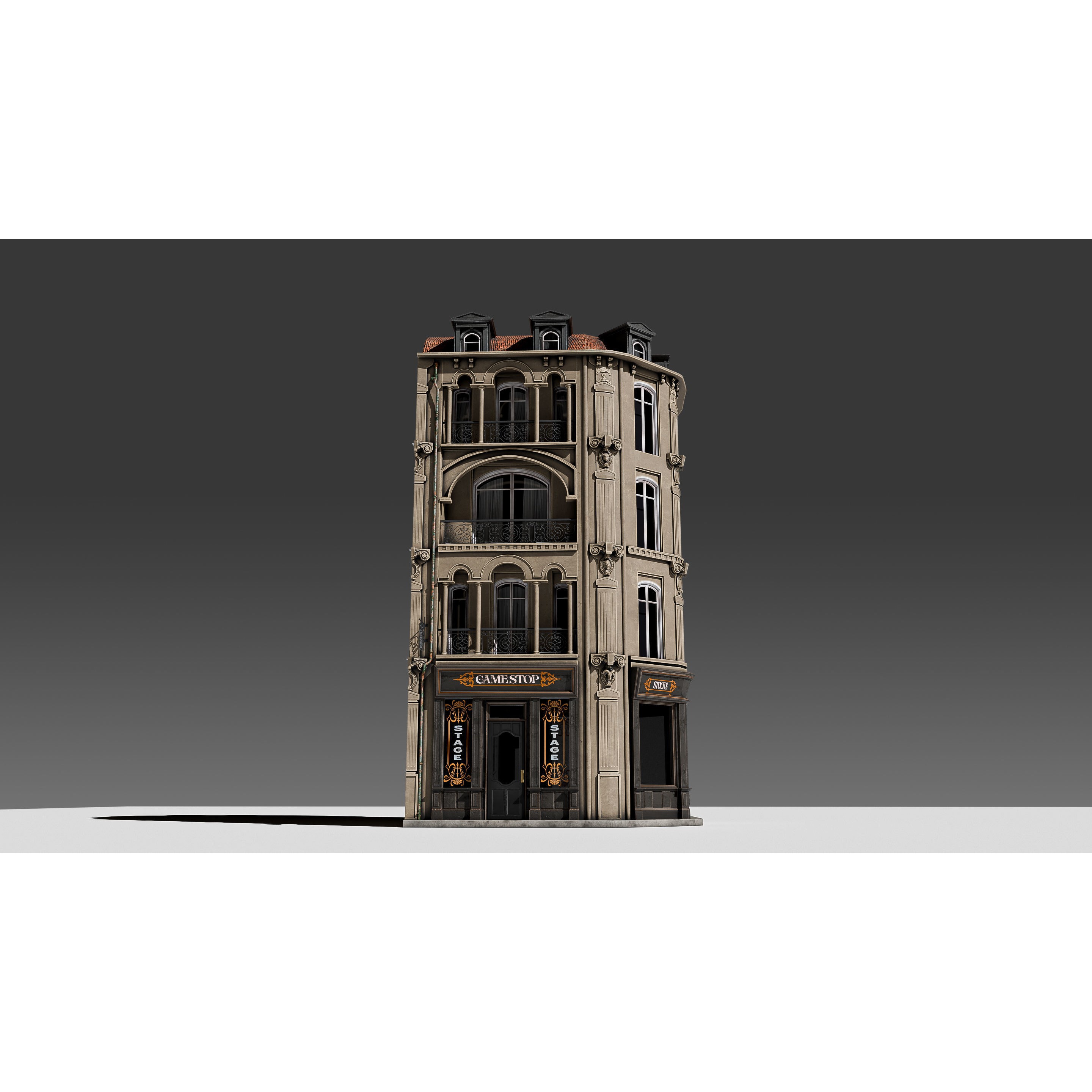 Modular European Storefront Apartment Building - Game-Ready 3D Model - View 7