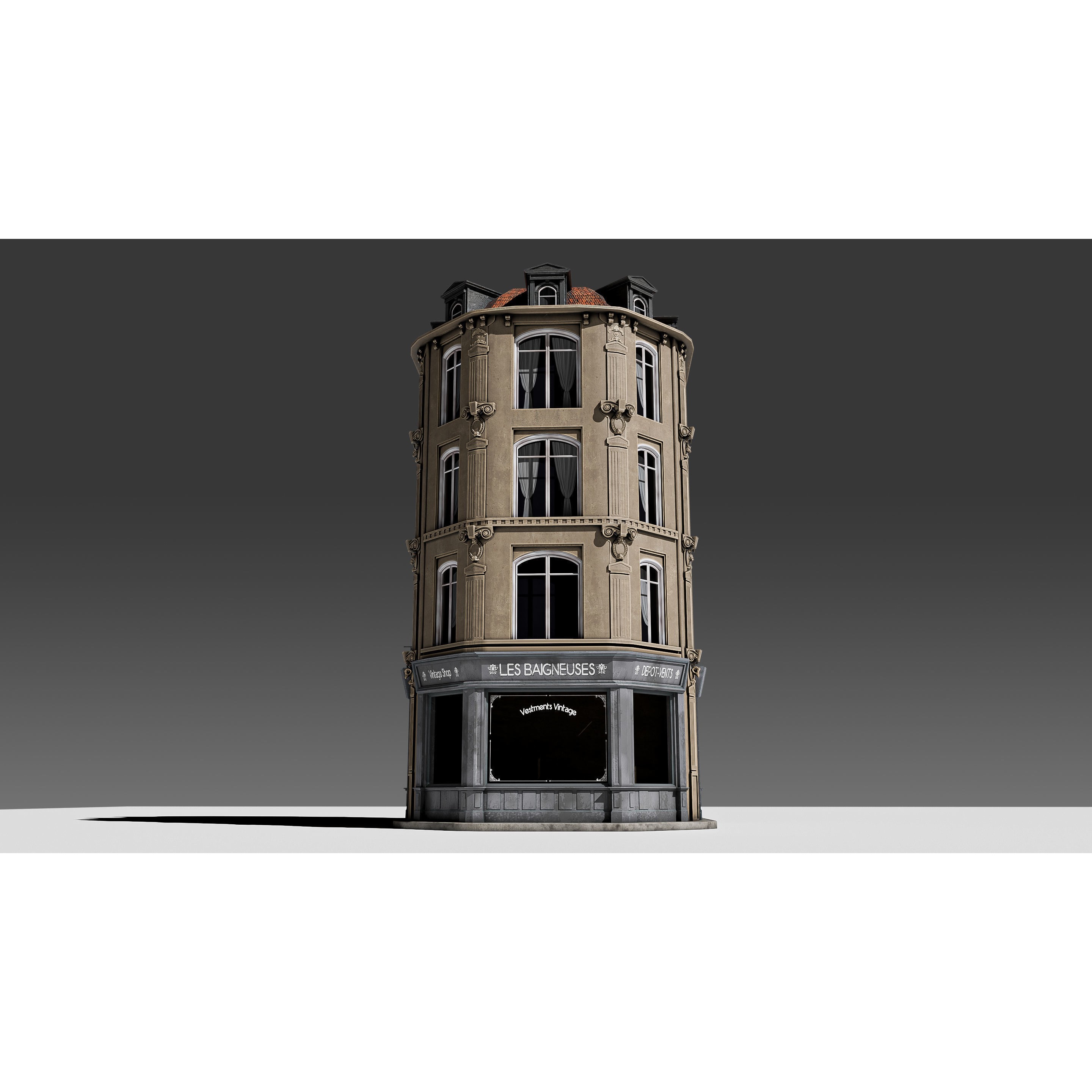 Modular European Storefront Apartment Building - Game-Ready 3D Model - View 9