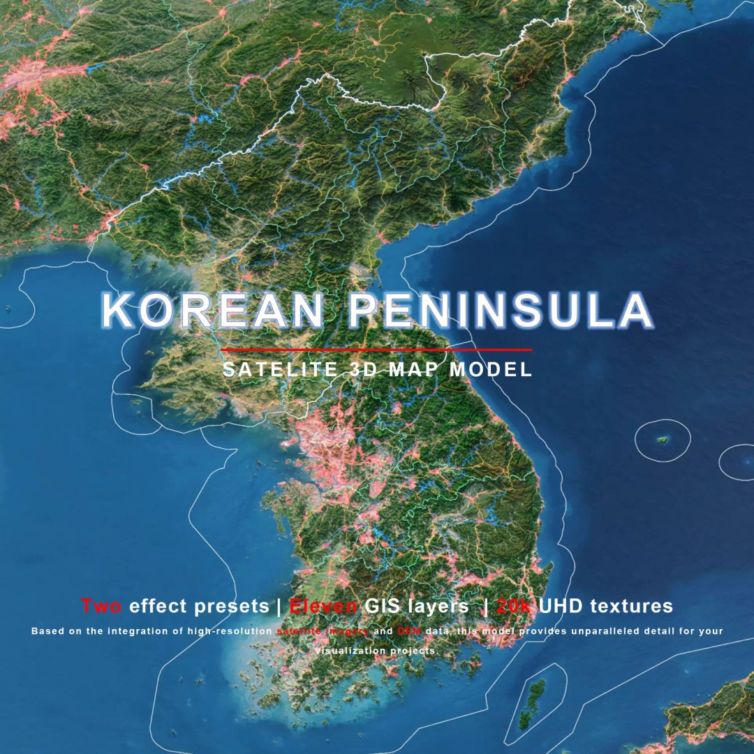 Korean Peninsula Map 3D Model – Realistic Satellite Terrain, FBX, OBJ - View 2