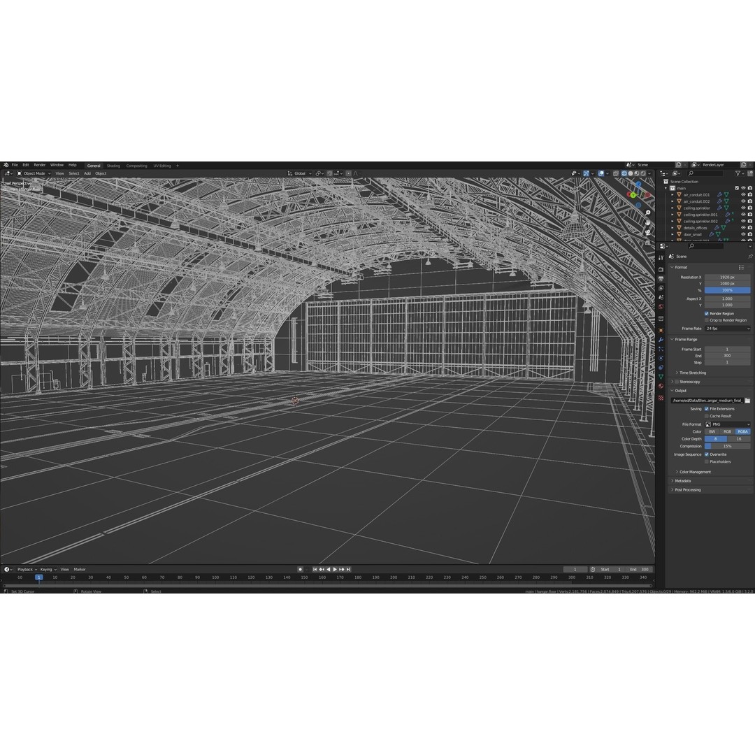 Aircraft Hangar 3D Model – High Poly Architectural Warehouse, Blender