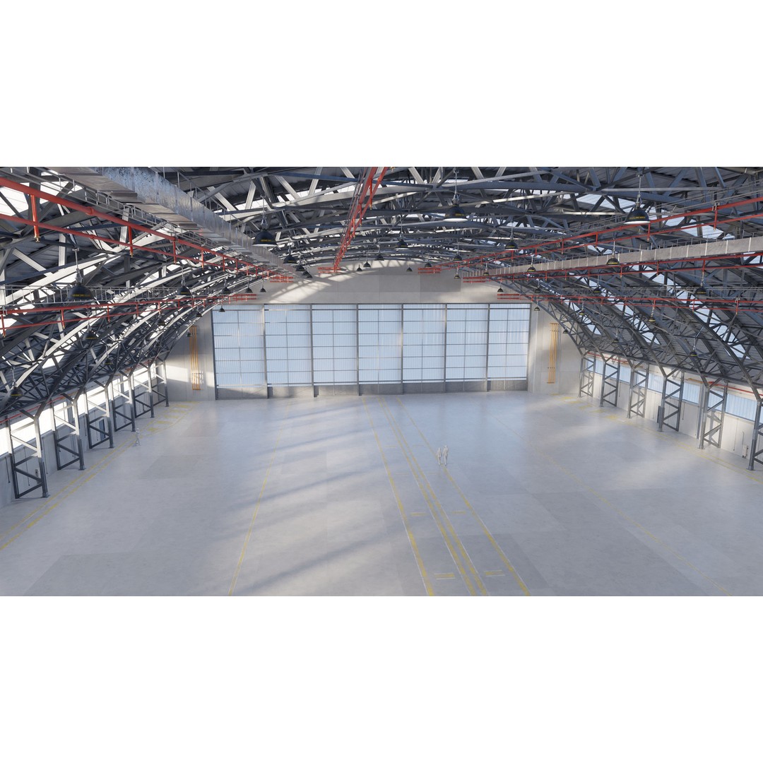 Aircraft Hangar 3D Model – High Poly Architectural Warehouse, Blender - View 3