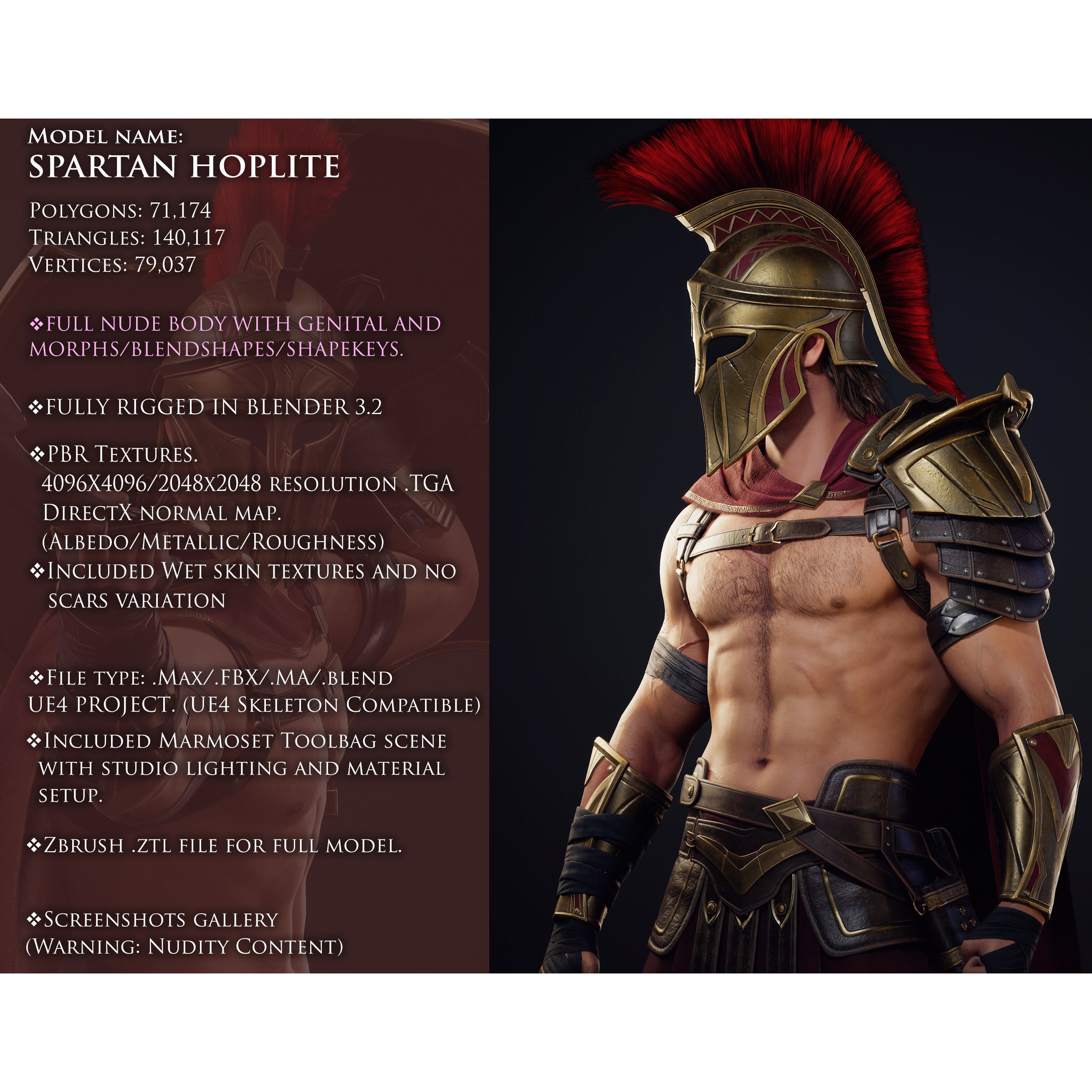 Spartan Hoplite - Low-Poly Game-Ready 3D Model - View 3