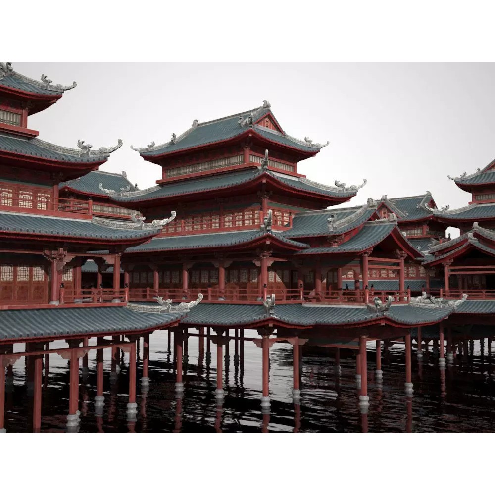 Multi-Story Wooden Structure House - Low-Poly Game-Ready 3D Model - View 2