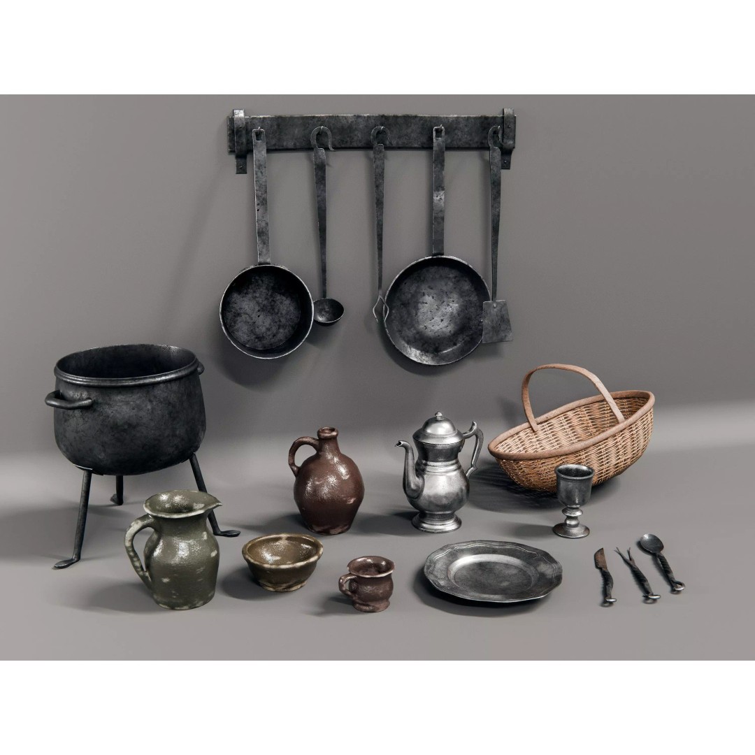 Medieval Kitchen and Dining Tools 3D Model – PBR Asset Pack, Blender, FBX - View 2