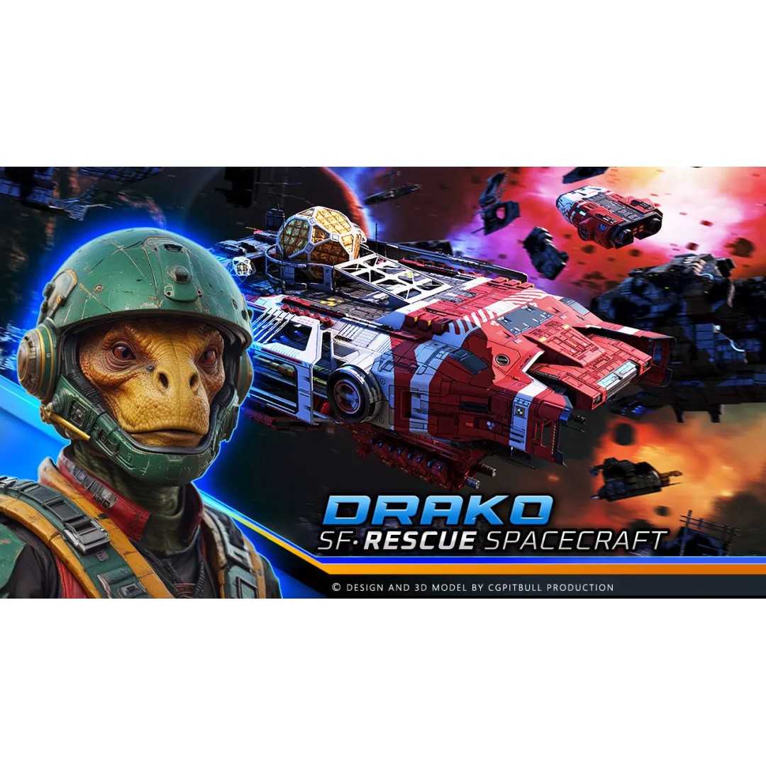 DRAKO Rescue Ship 3D Model – Low Poly Sci-Fi Spacecraft, FBX, OBJ - View 2