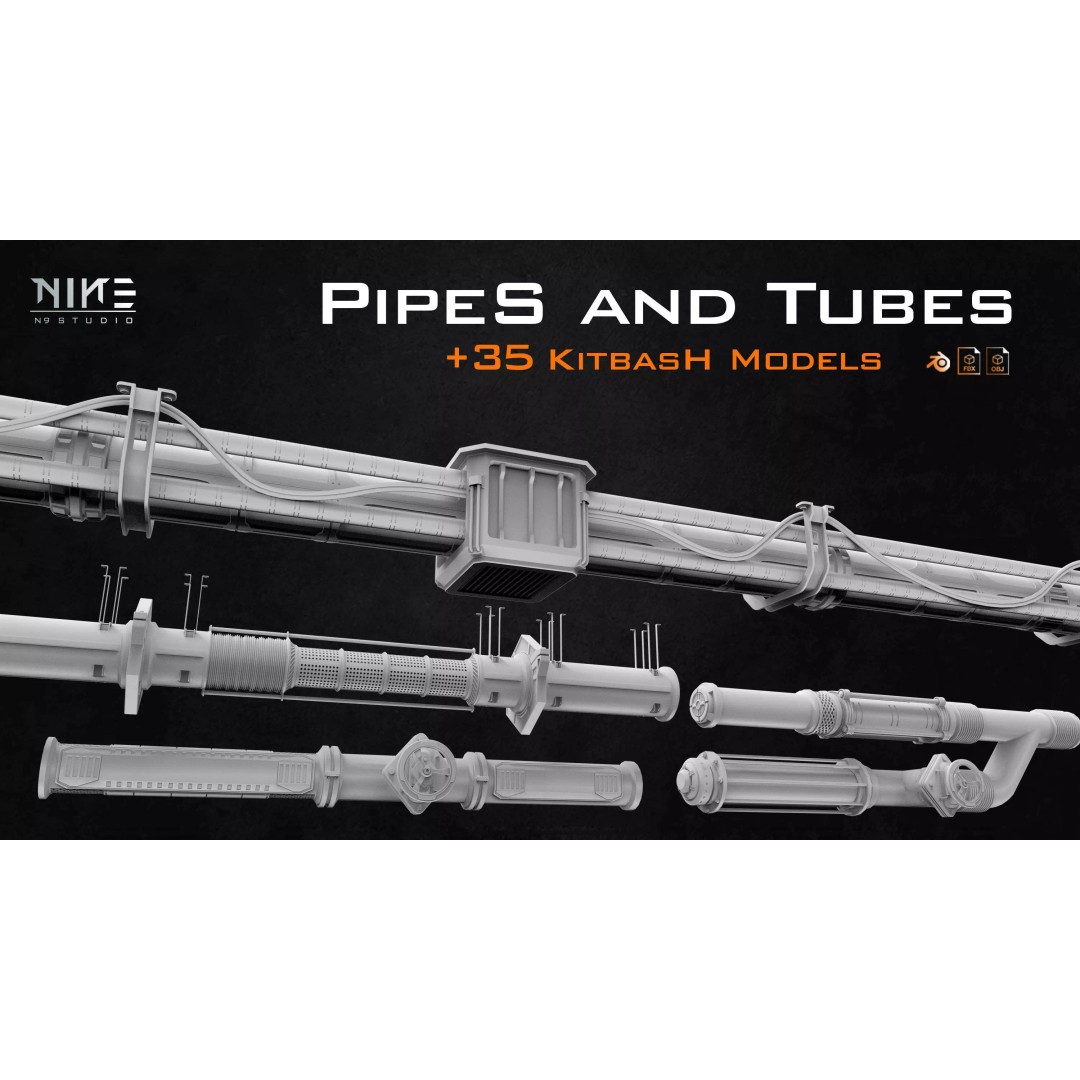 Pipes and Tubes 3D Model – Industrial Kitbash, FBX, OBJ, Blender - View 2