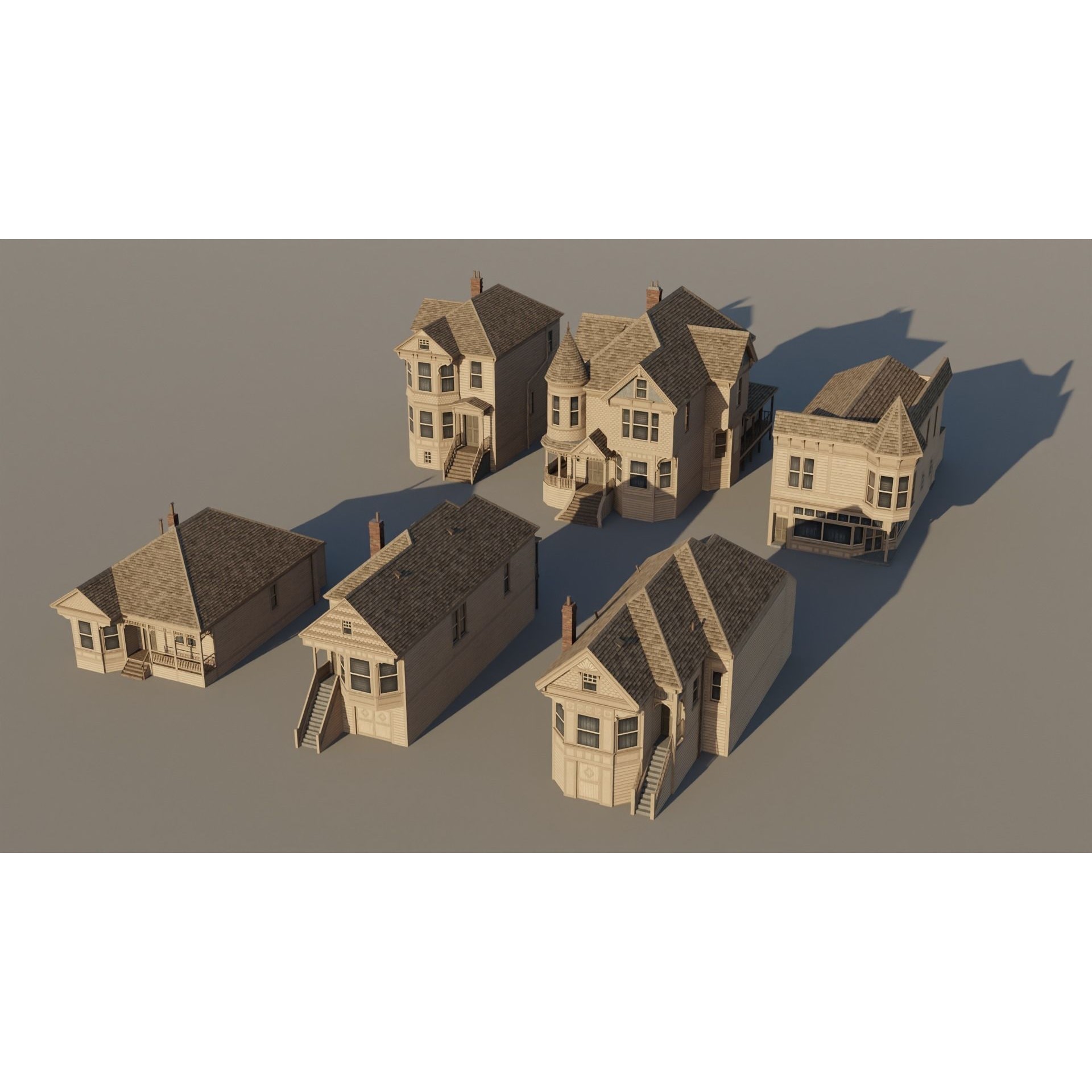 American Queen Anne Houses - Low-Poly Game-Ready 3D Model