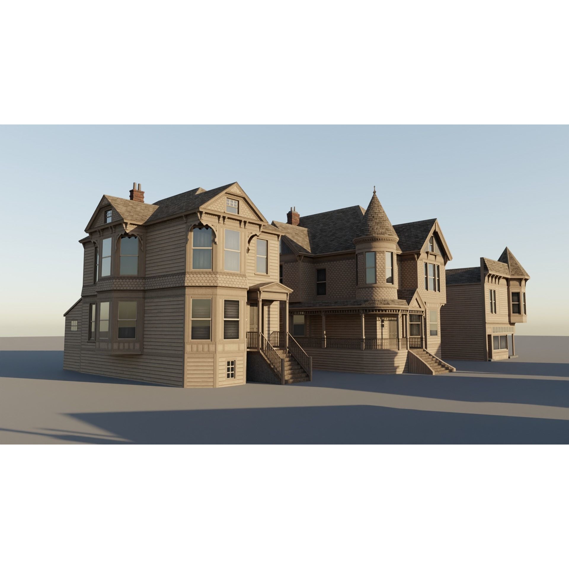 American Queen Anne Houses - Low-Poly Game-Ready 3D Model - View 11