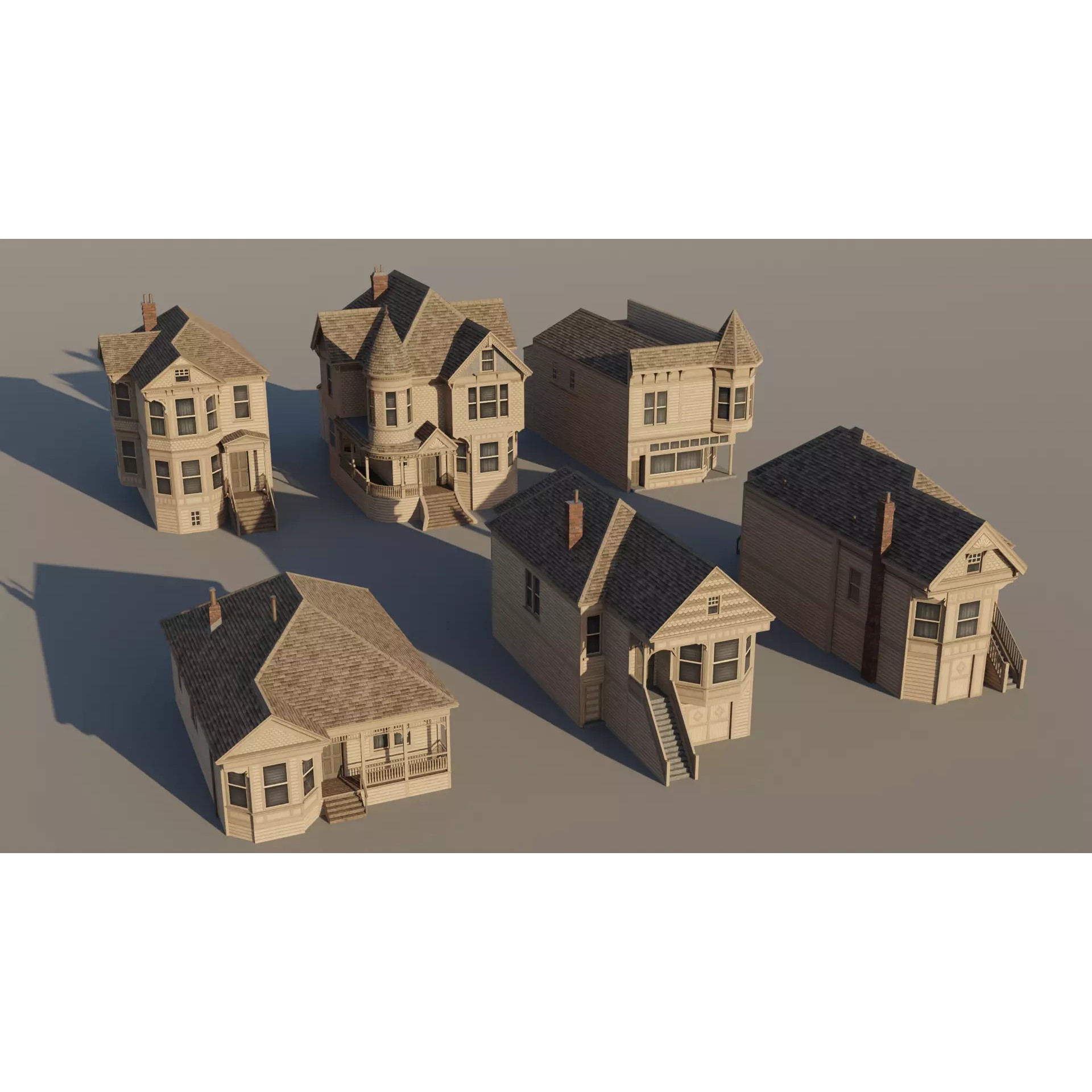 American Queen Anne Houses - Low-Poly Game-Ready 3D Model - View 2