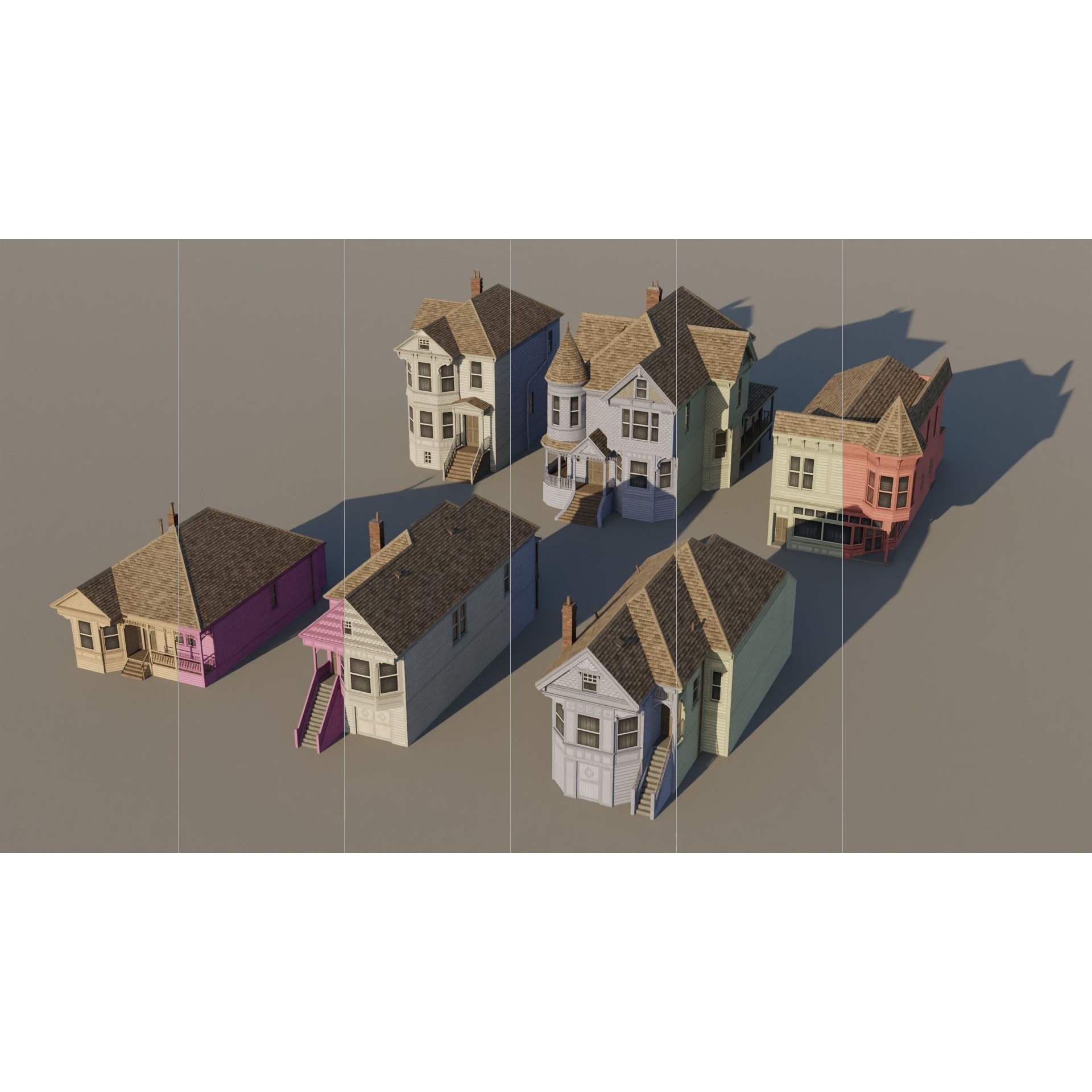 American Queen Anne Houses - Low-Poly Game-Ready 3D Model - View 4