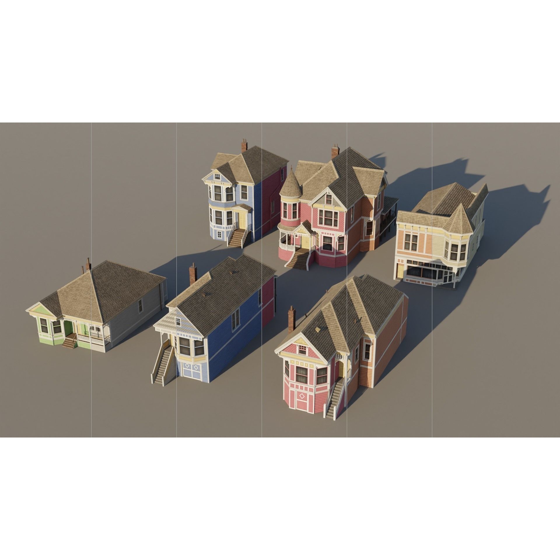 American Queen Anne Houses - Low-Poly Game-Ready 3D Model - View 5