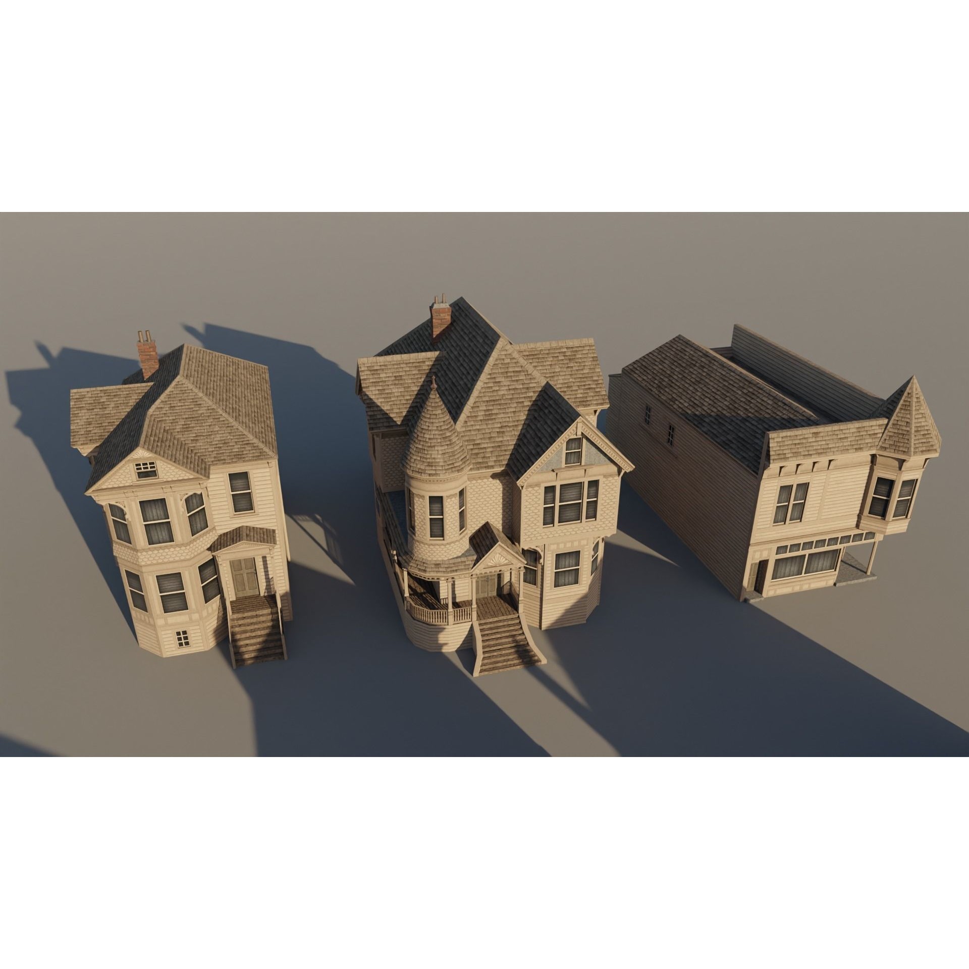 American Queen Anne Houses - Low-Poly Game-Ready 3D Model - View 6