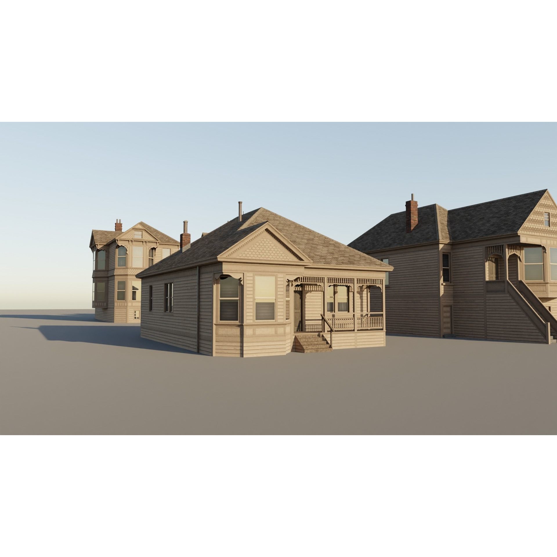 American Queen Anne Houses - Low-Poly Game-Ready 3D Model - View 7