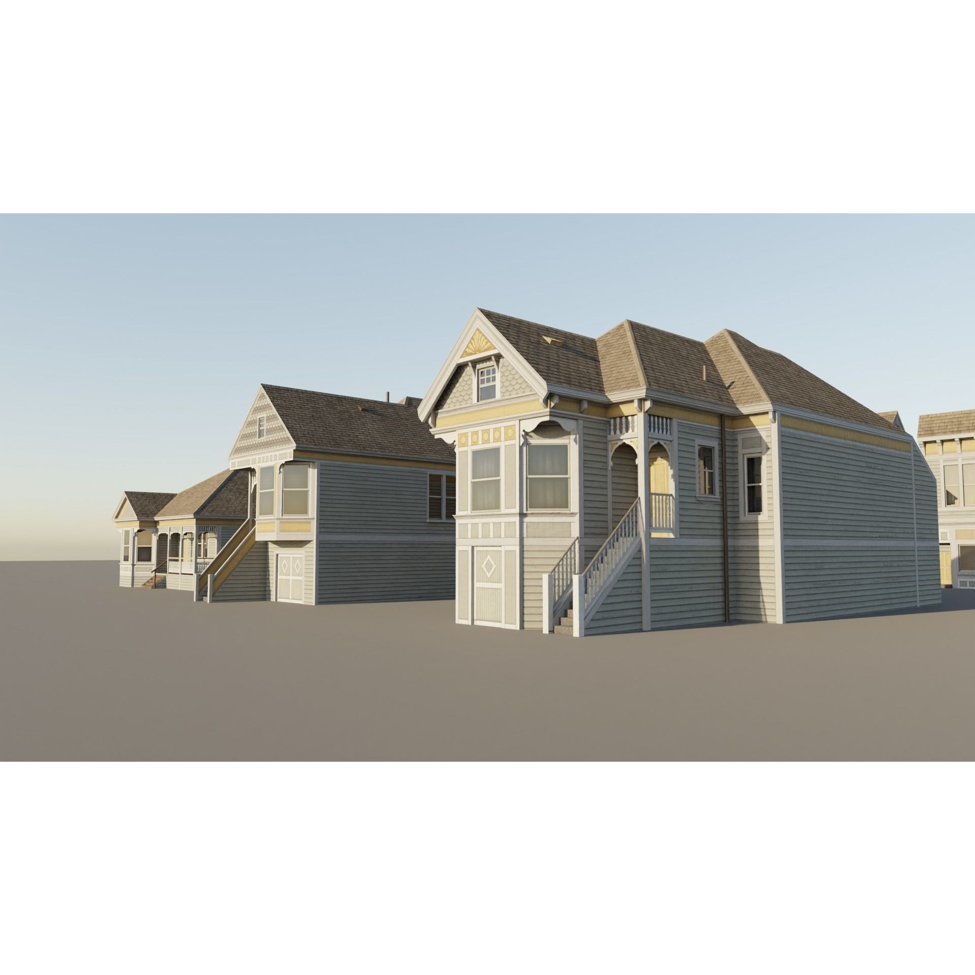 American Queen Anne Houses - Low-Poly Game-Ready 3D Model - View 8