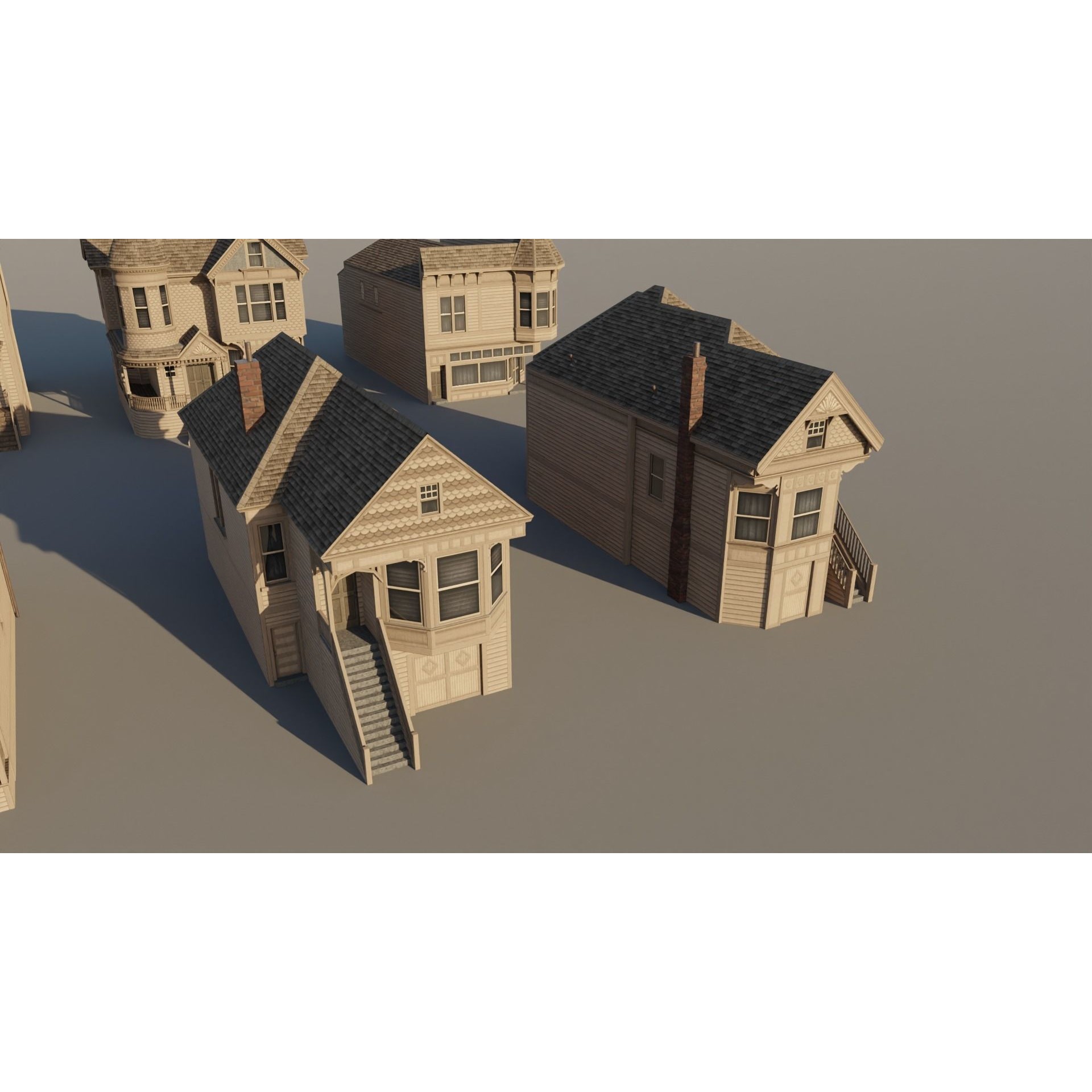 American Queen Anne Houses - Low-Poly Game-Ready 3D Model - View 9
