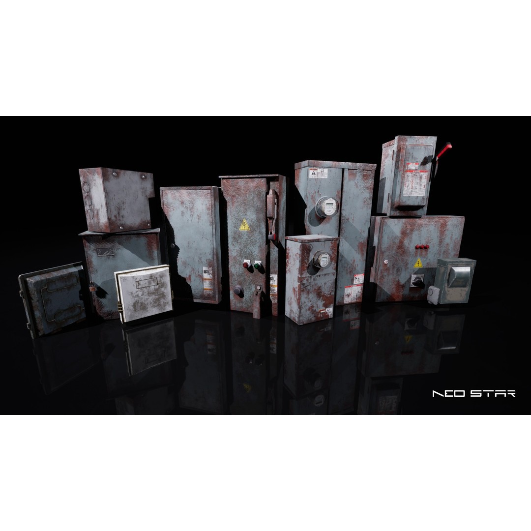Rusty Electrical Boxes 3D Model – Low Poly Industrial Props, FBX - View 3