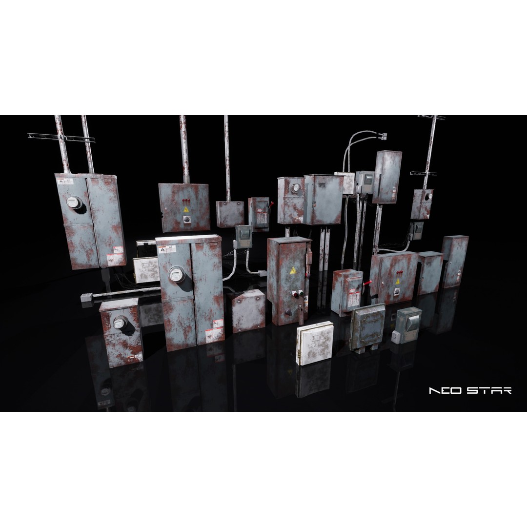 Rusty Electrical Boxes 3D Model – Low Poly Industrial Props, FBX - View 4