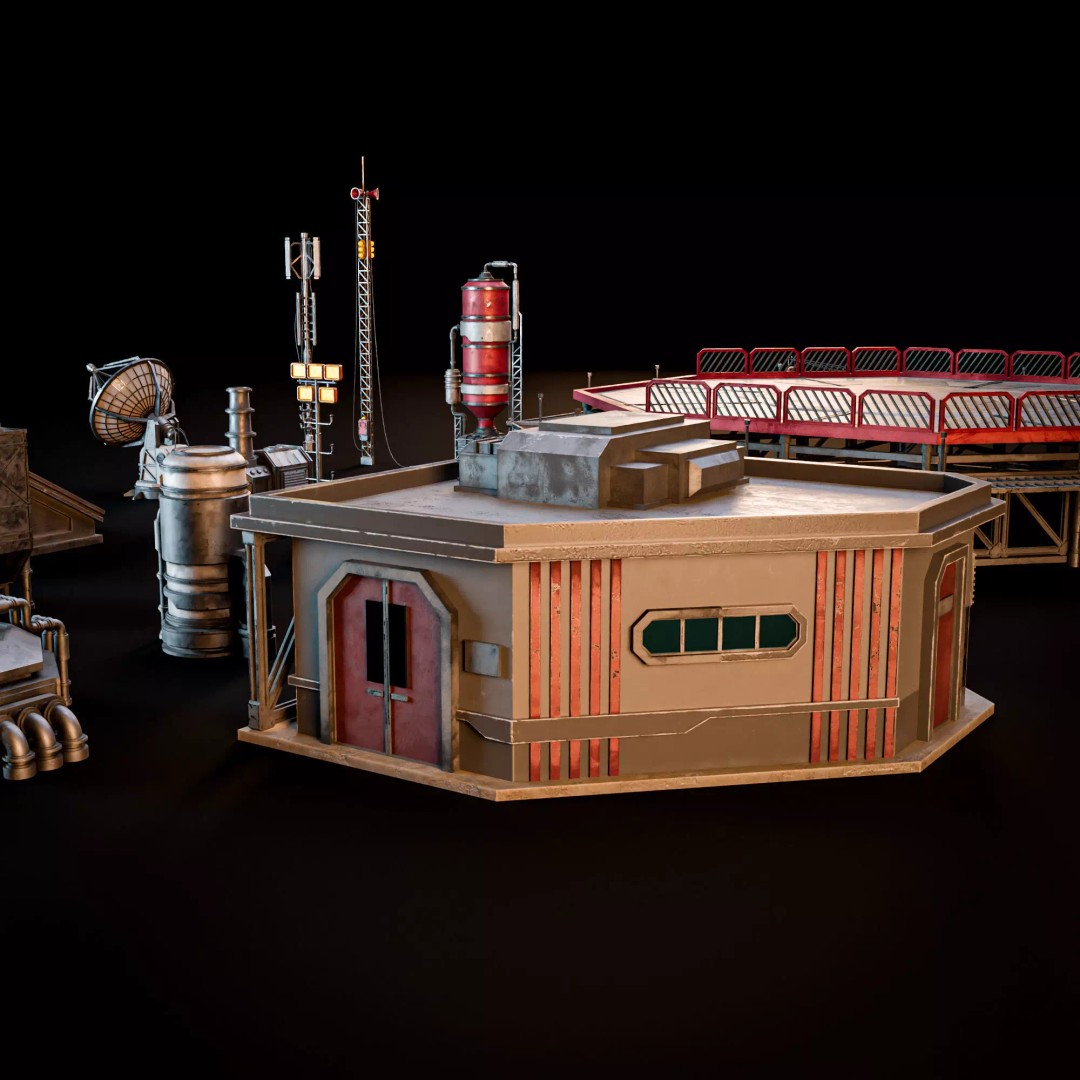 Sci-Fi Industrial Rooftop 3D Model – Low Poly Modular Asset, PBR Textures - View 3