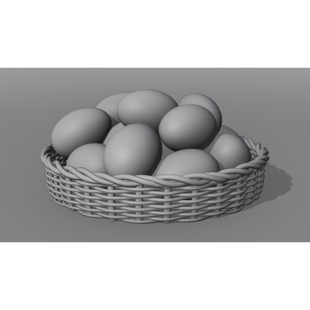 Wicker Basket 3D Model – Rustic Kitchen Decoration with Eggs, FBX, OBJ
