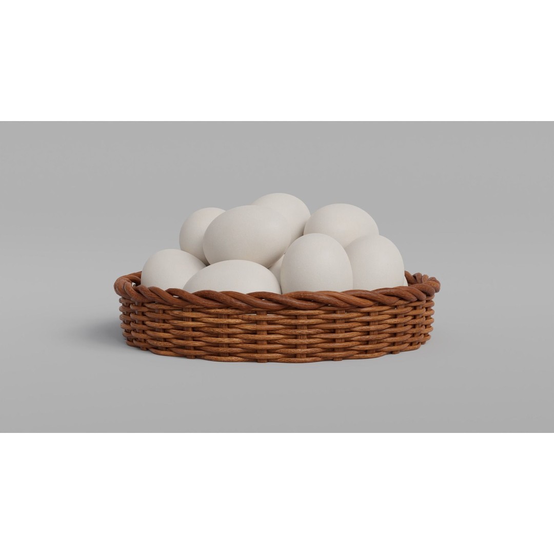 Wicker Basket 3D Model – Rustic Kitchen Decoration with Eggs, FBX, OBJ - View 11