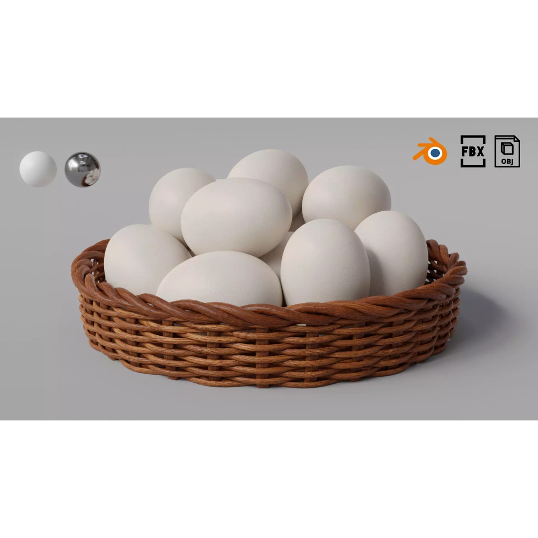 Wicker Basket 3D Model – Rustic Kitchen Decoration with Eggs, FBX, OBJ - View 2