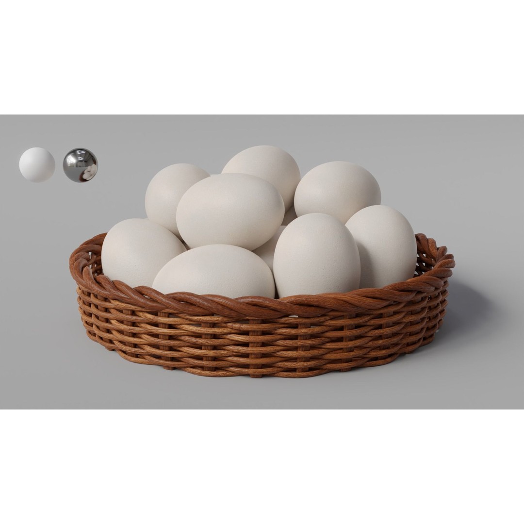 Wicker Basket 3D Model – Rustic Kitchen Decoration with Eggs, FBX, OBJ - View 3